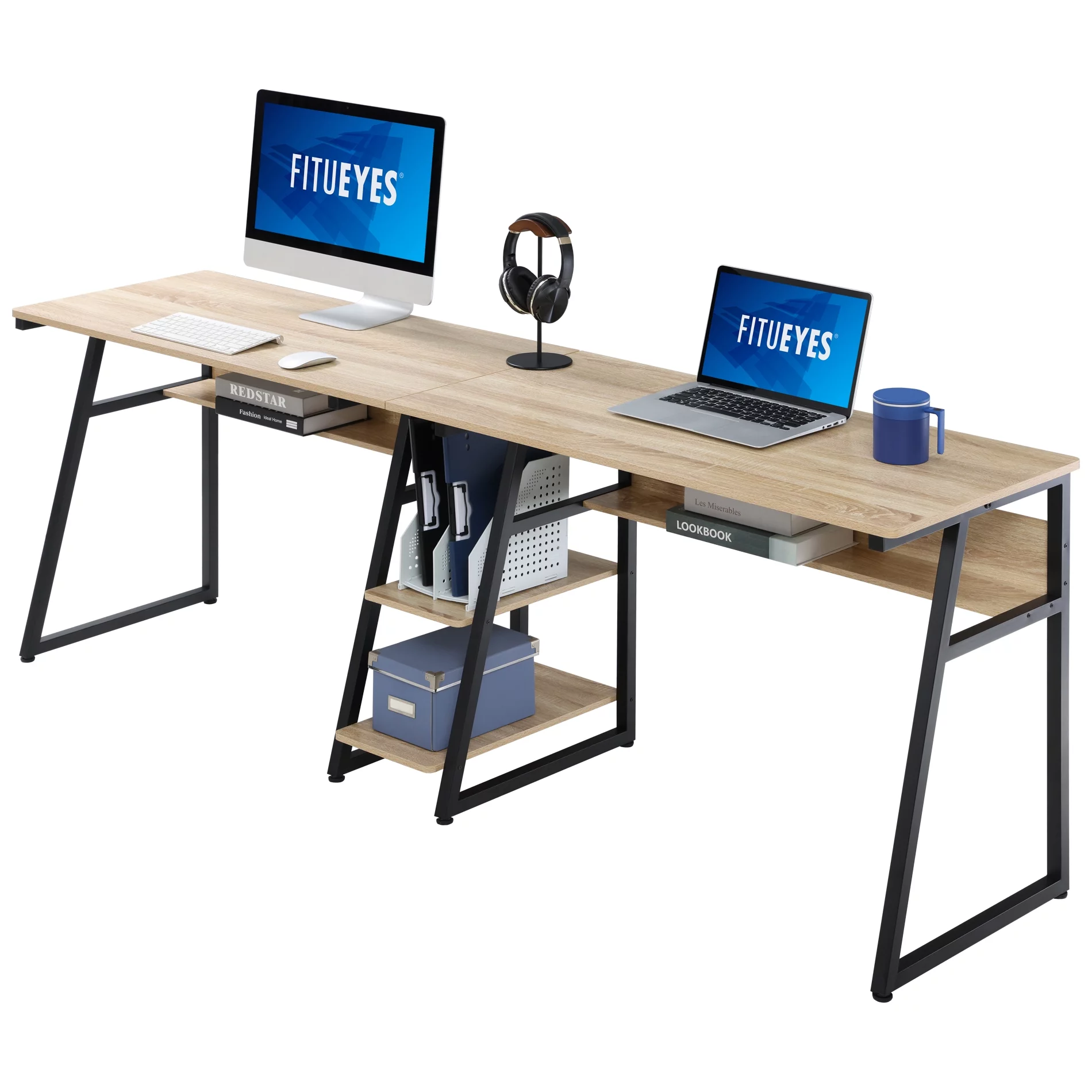 FITUEYES Portable Computer Desk with Shelves, Natural/Black