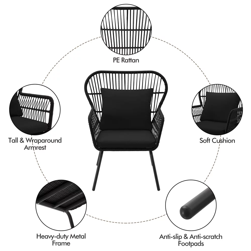 Renwick 3-Piece Patio Bistro Furniture Set with Pillows, Black