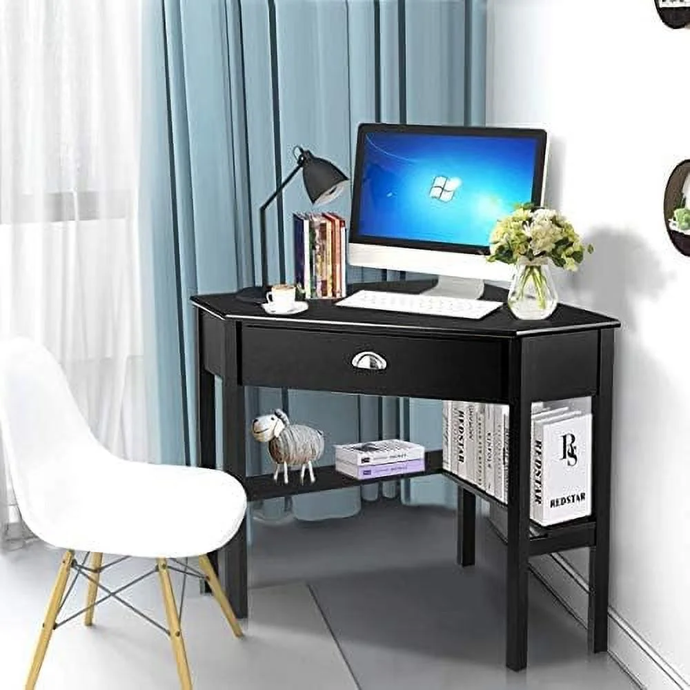 CGFHYP Corner Desk  Corner Computer Desk with Drawer for Small Space  Small Corner  Vanity Desk  90 Degrees Triangle Corner Desk with  Shelves