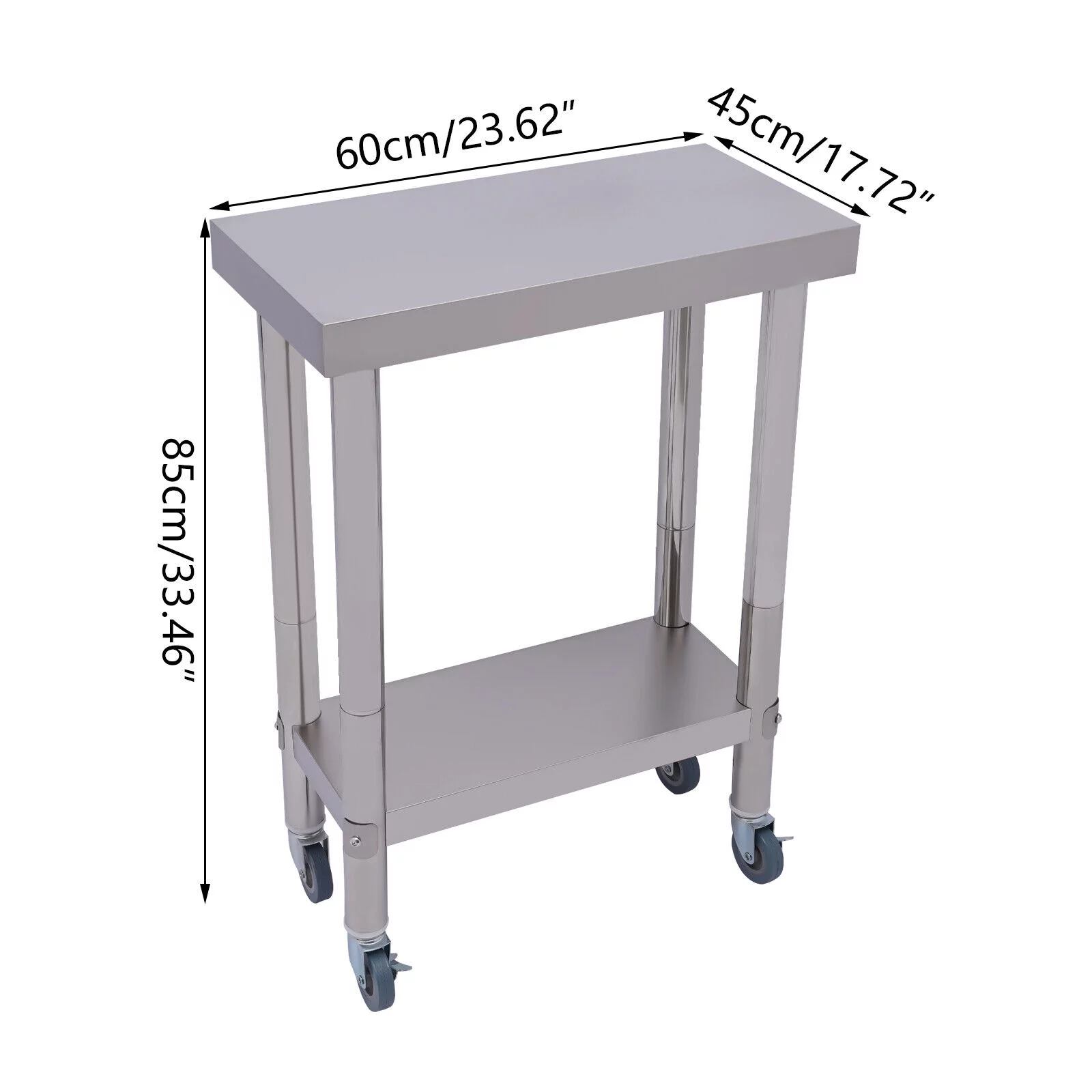Miumaeov 2 Tier Commercial  Food Prep Table Heavy Duty Stainless Steel Work Table with Open Shelf and Wheels for Restaurant Hotel Load-Bearing 661lbs 23.62*17.72*33.46in