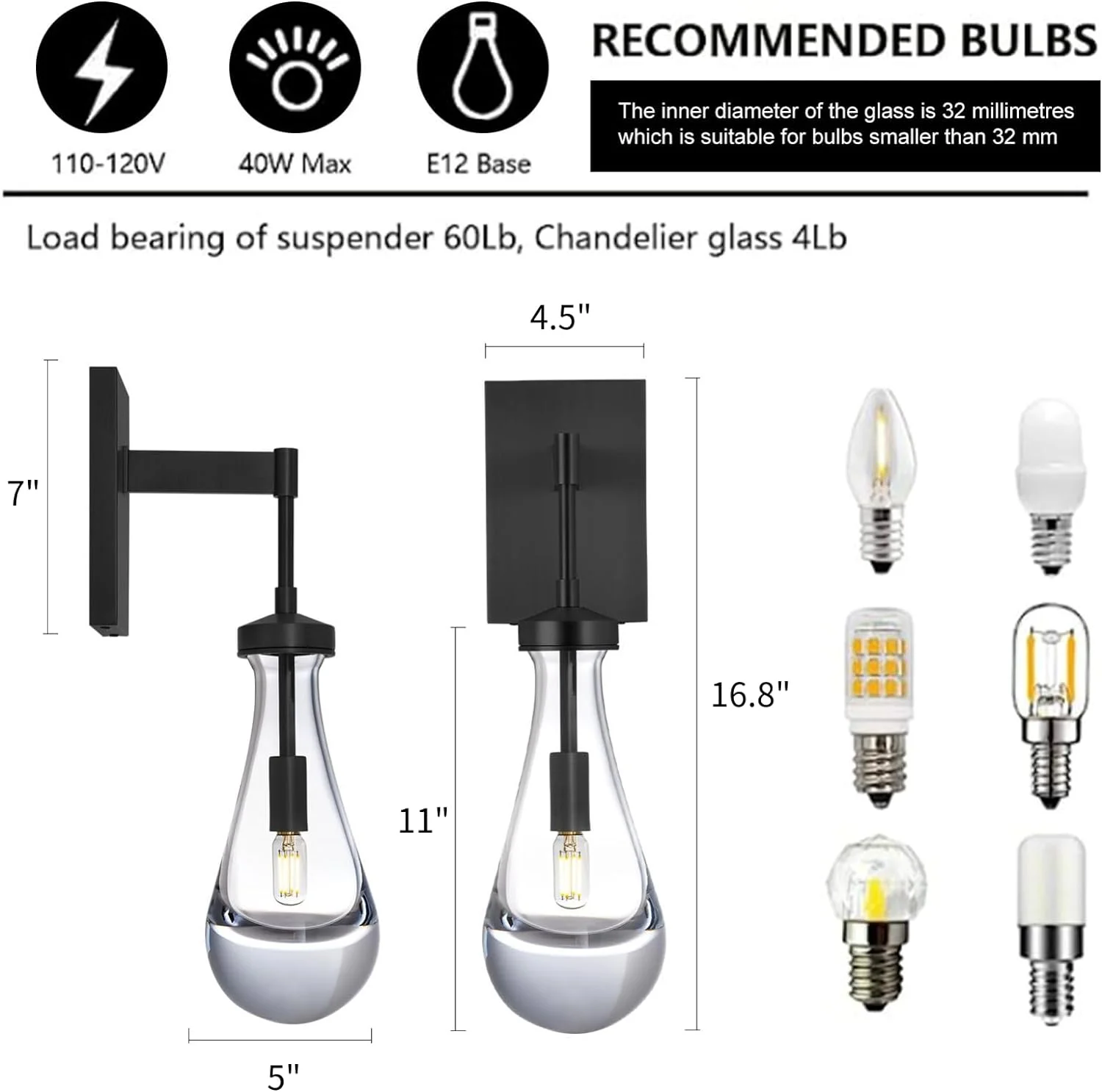 OUWI Raindrop Wall Sconces Set of Two, Black Sconces Wall Lighting Glass Bathroom Sconce Vanity Light, Wall Light for Living Room, Bedroom, Stairs, Bulb Included