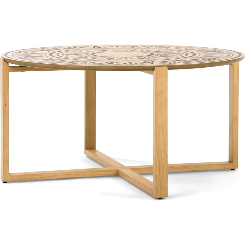 Pemberly Row Floral Designed Top & Cross-style Base Wood Coffee Table in Natural