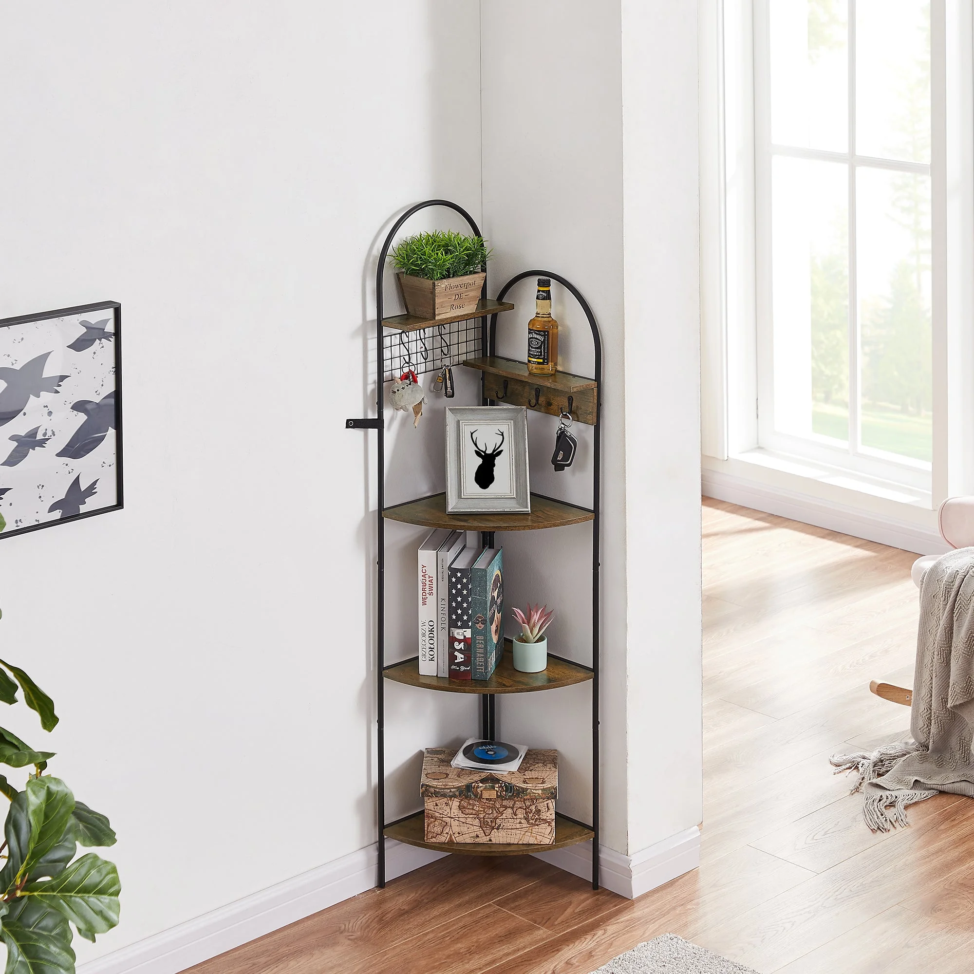 VECELO 5 Tier Corner Shelf Stand/Bookshelf with Hanging Hooks, 58 Inches Industrial Display Storage Rack with Metal Frame, Brown