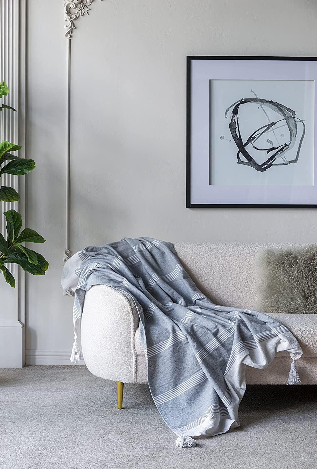 A&B Home Throw Blanket - Light Gray and White Stripe Woven Cotton Blend Blanket, 50