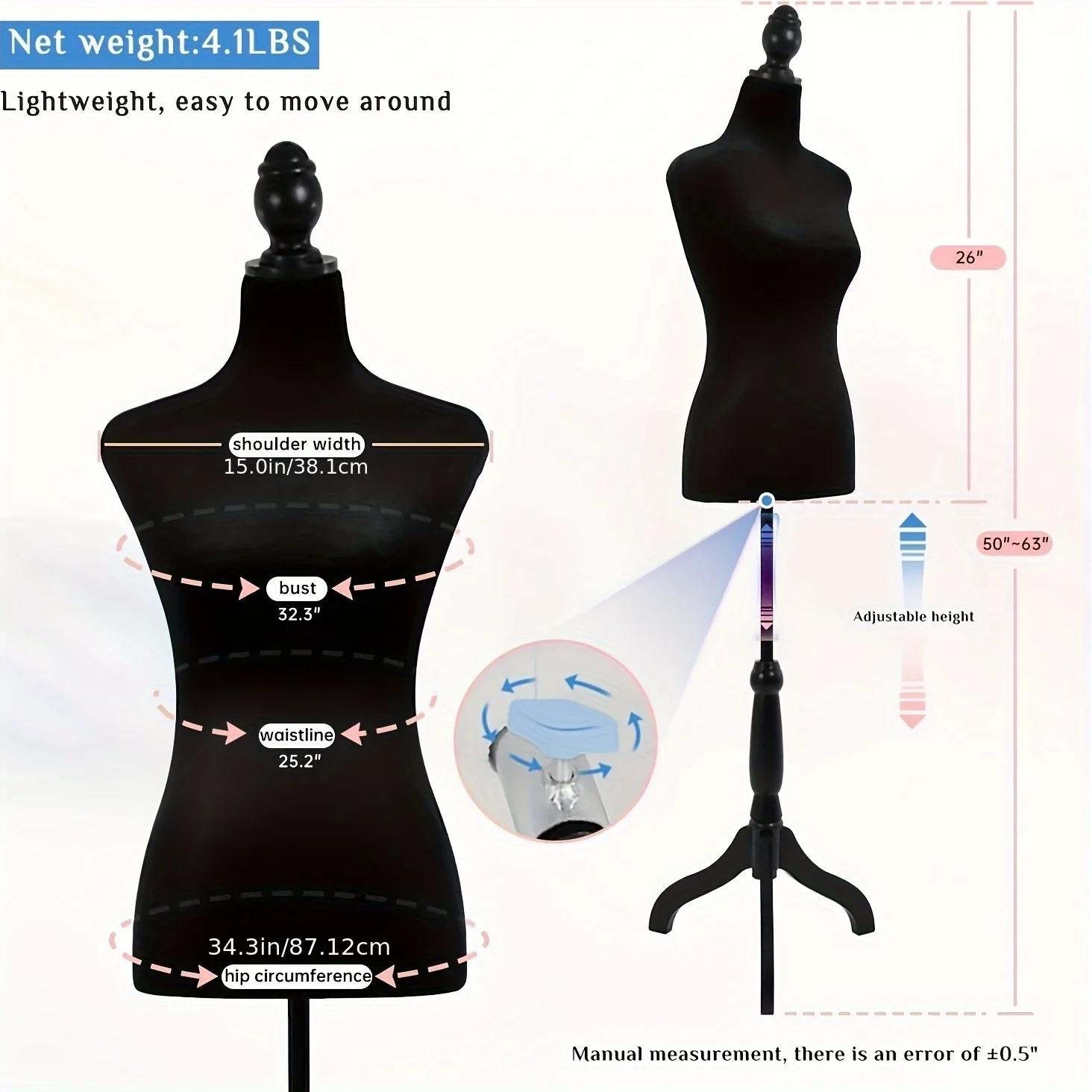 RHYFJJUI2 Dress Form Mannequin Torso with Wooden Tripod Stand, 50-63 inch, Adjustable Height for Clothing Display, Sewing, Photographing, Portable Female Body Shape