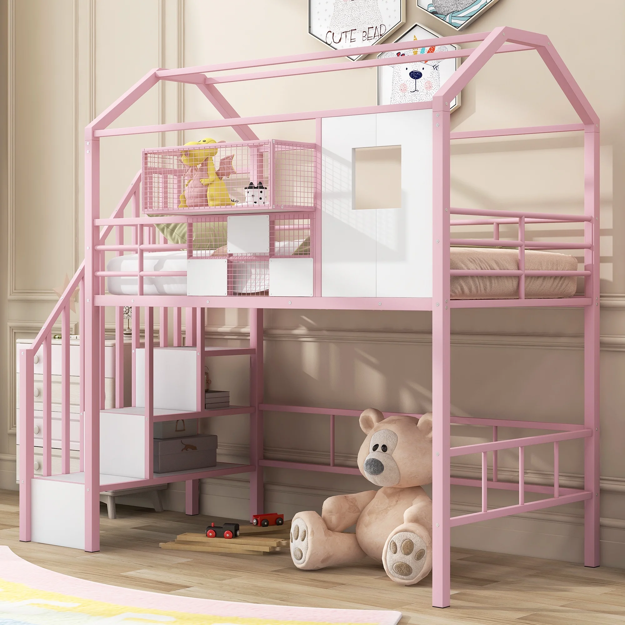 Churanty Twin Size House Bed Metal Loft Bed with Storage Box on Roof Design, Storage Staircase Loft Bed Frame with Under Bed Space for Kids Teens Boys Girls, Pink