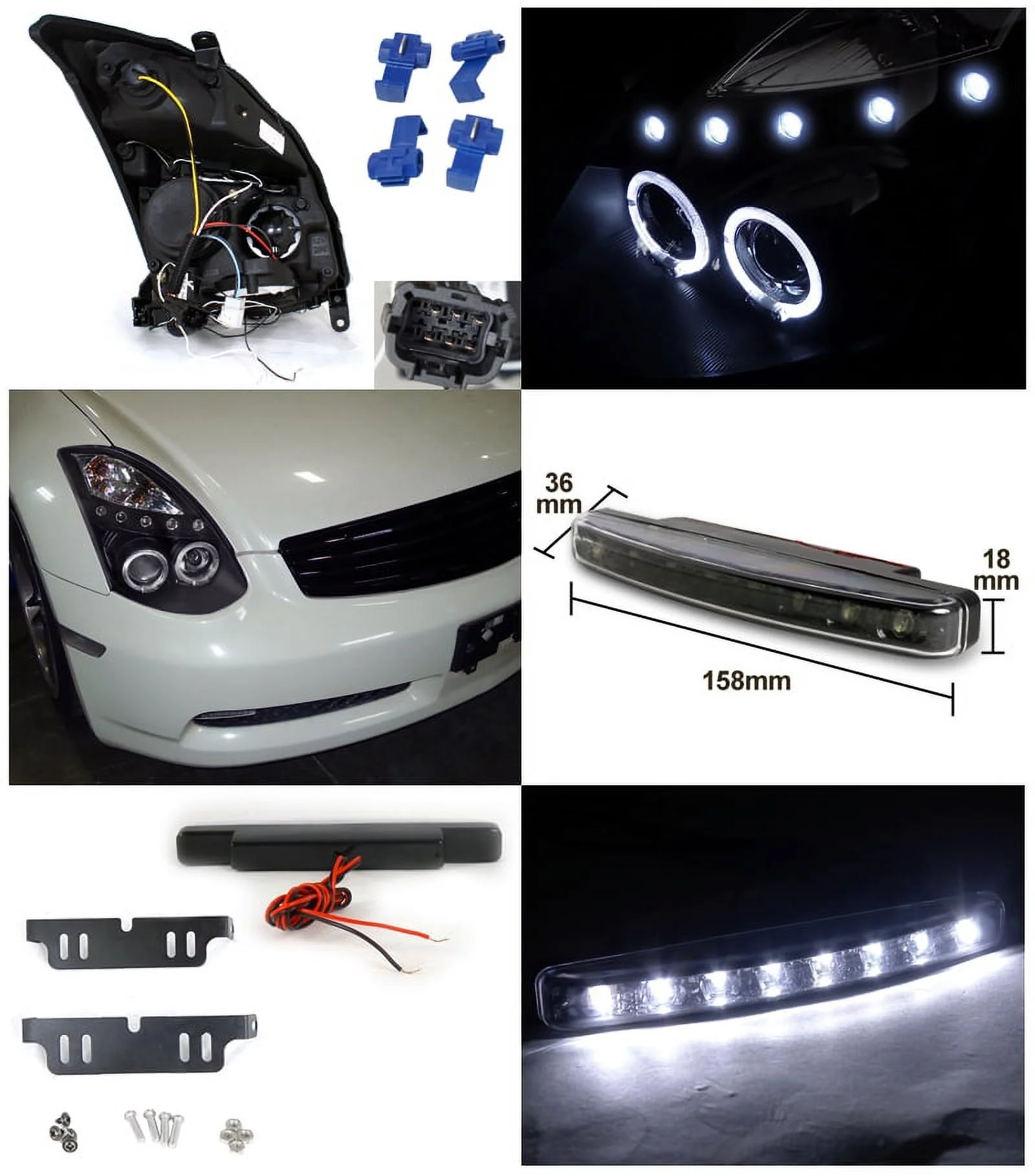 Spec-D Tuning Halo Black Projector Headlight + 8-LED Bumper Fog Lamps Compatible with Infiniti G35 2Dr Coupe Left + Right Pair Headlamps Assembly