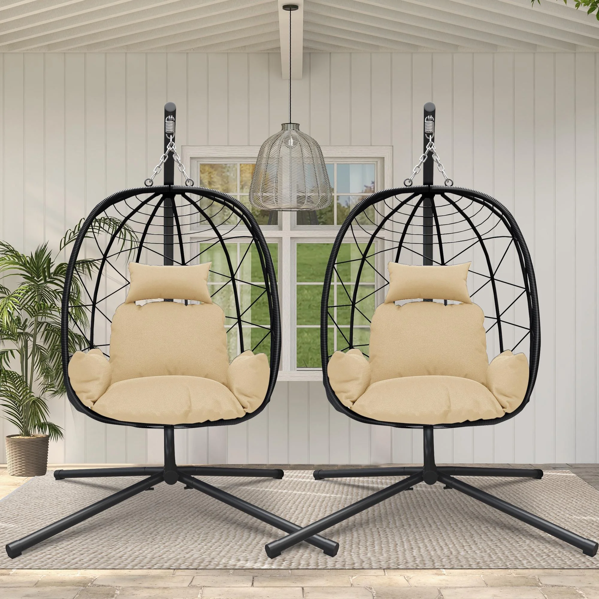 2 Piece Egg Chair, Outdoor Wicker Egg Chair with Stand, Patio Swing Chair Hammock Basket Chair with Removable Cream Cushion, All-weather Rattan Egg Chair for Living Room Balcony Porch, 265lbs Capacity
