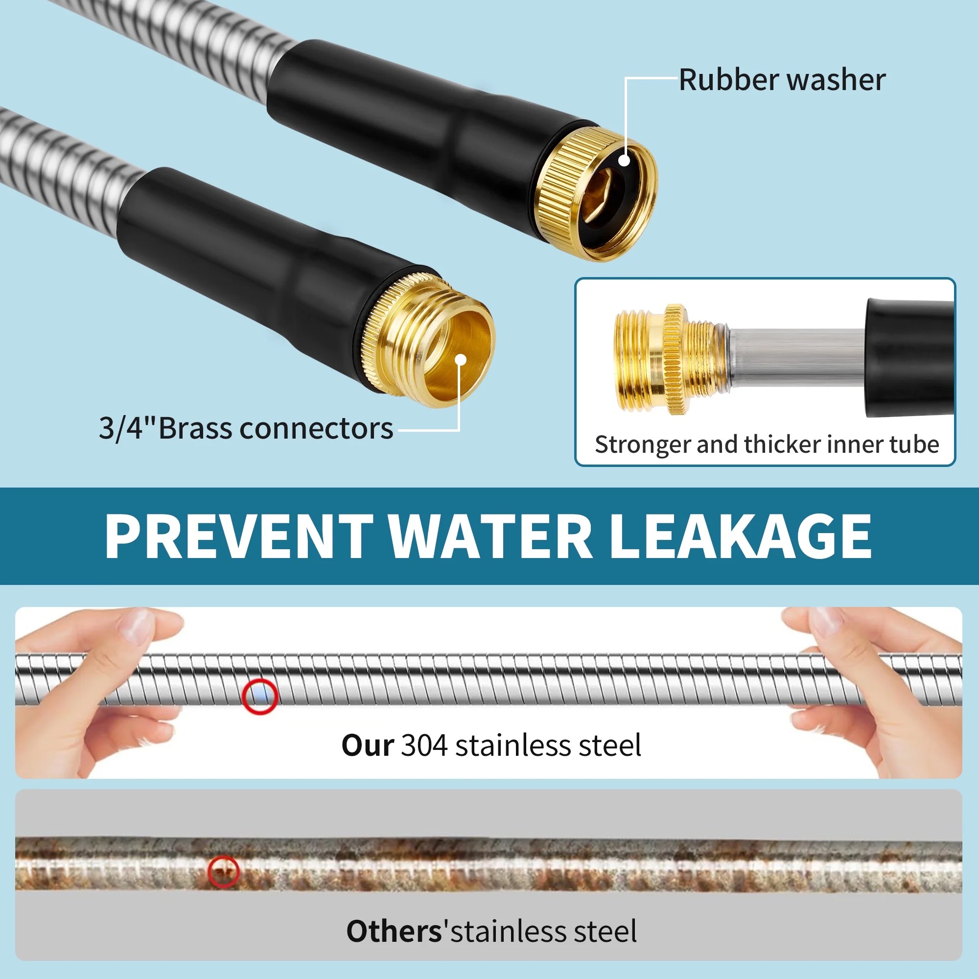 Uarter 50ft Stainless Steel Garden Hose with Durable Construction, Adjustable Nozzle, Kink Resistance, and Convenient Storage Strap