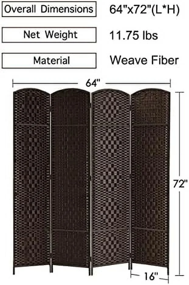 SQFHV RHF 6 ft. Tall 16" Wide- Weave Fiber Room Divider Double Hinged 6 Panel Room Divider/Screen  Room Dividers and Folding Privacy Screens 6 Panel  Freestanding Room Dividers-Light