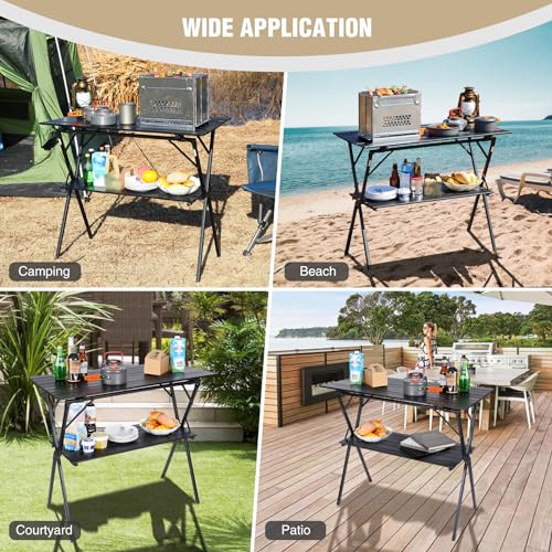 REDCAMP Folding Portable Camping Table, Aluminum Roll-up Table with Large Storage Shelf for Beach,Backyard, BBQ, Party, Picnic