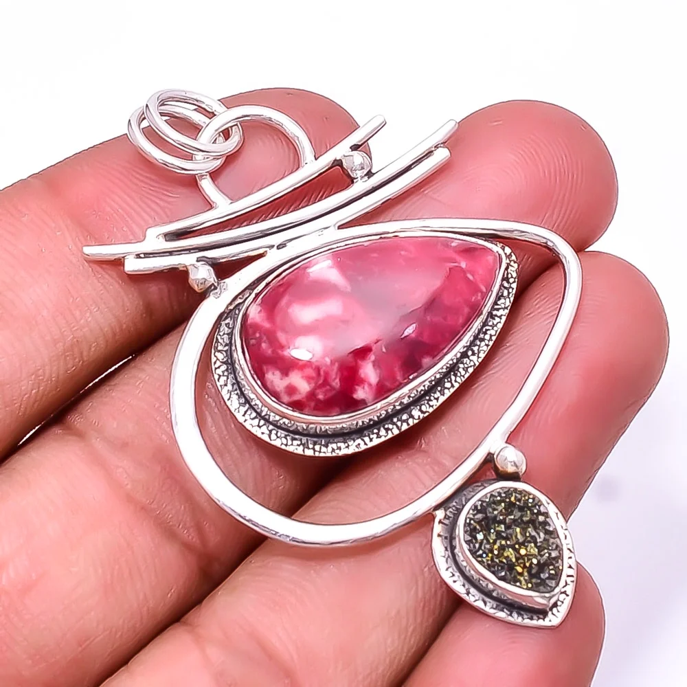 Pink Thulite -Norway & Black Titanium Agate Drusy Designer Handmade 925 Silver Plated Pendant 2.34