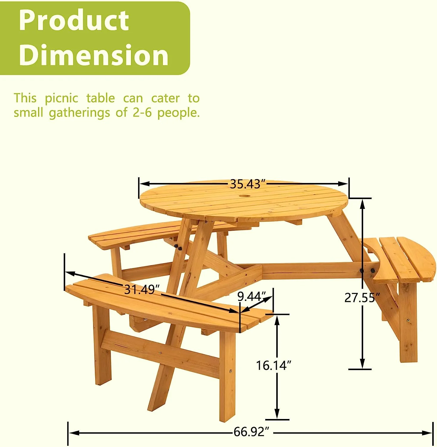 Outdoor 6-Person Circular Wooden Picnic Table w/ 3 Built-in Benches, Shinpt Patio Camping Dining Table Chair Set with Thickened support frame and 1720lb load capacity, Natural