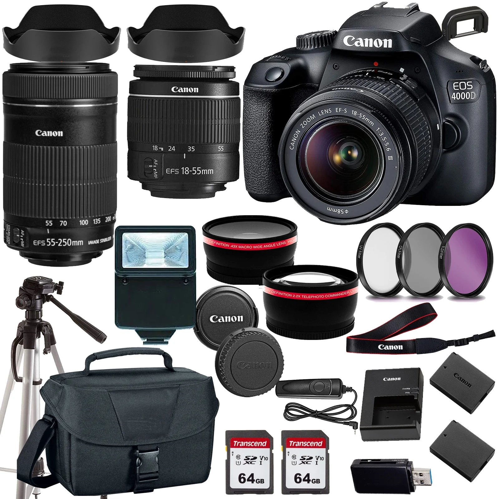 Canon EOS 4000D/Rebel T100 DSLR Camera w/Canon EF-S 18-55mm F/3.5-5.6 Zoom Lens+Canon EF-S 55-250mm f/4-5.6 IS STM+case+128Memory Cards (24PC)