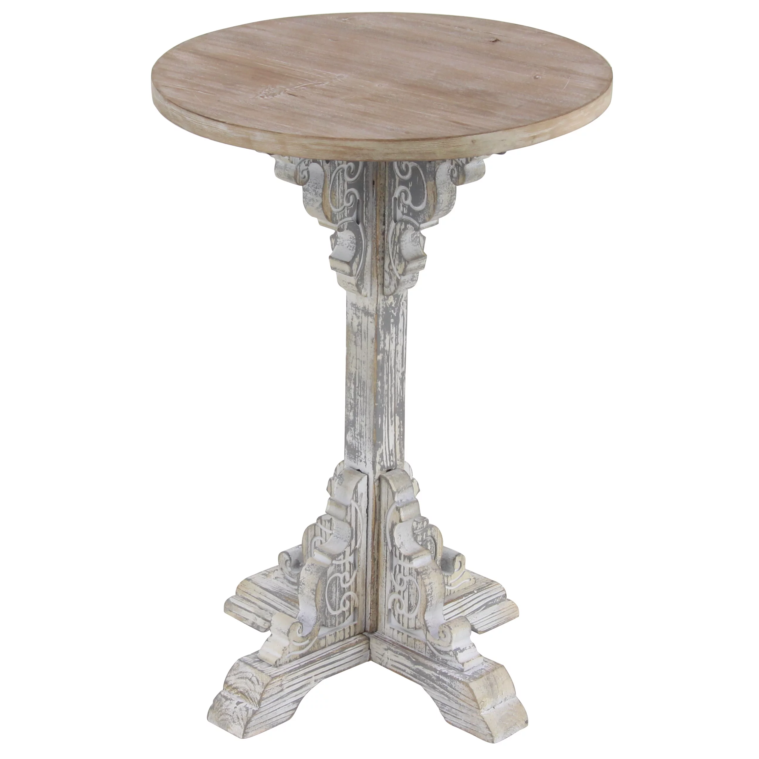 DecMode Farmhouse Wood Round Accent Table with Carved Floral Leg Stand and Brown/White Distressed Finish, 15
