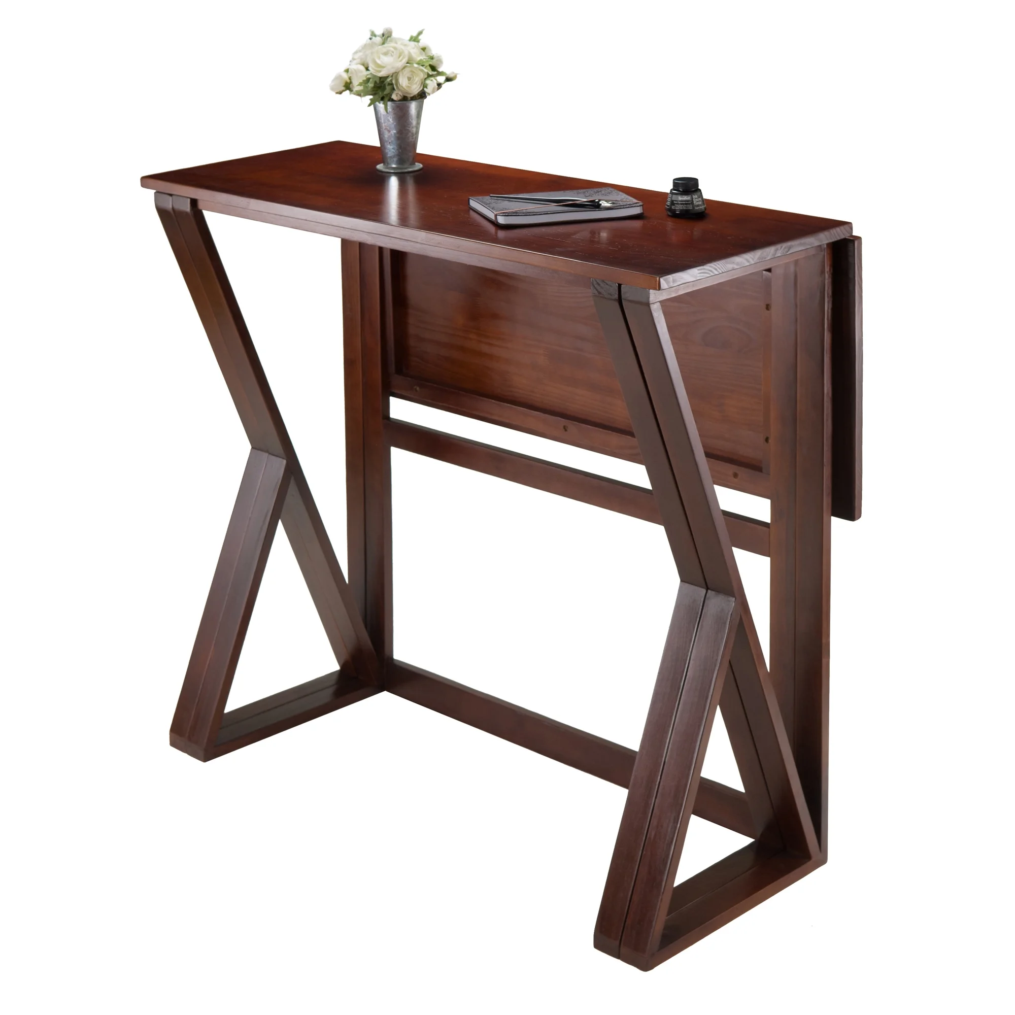 Winsome Wood Harrington 3-Pc Set, Drop Leaf Table & 2 Cushion Saddle Seat Counter Stools, Walnut Finish
