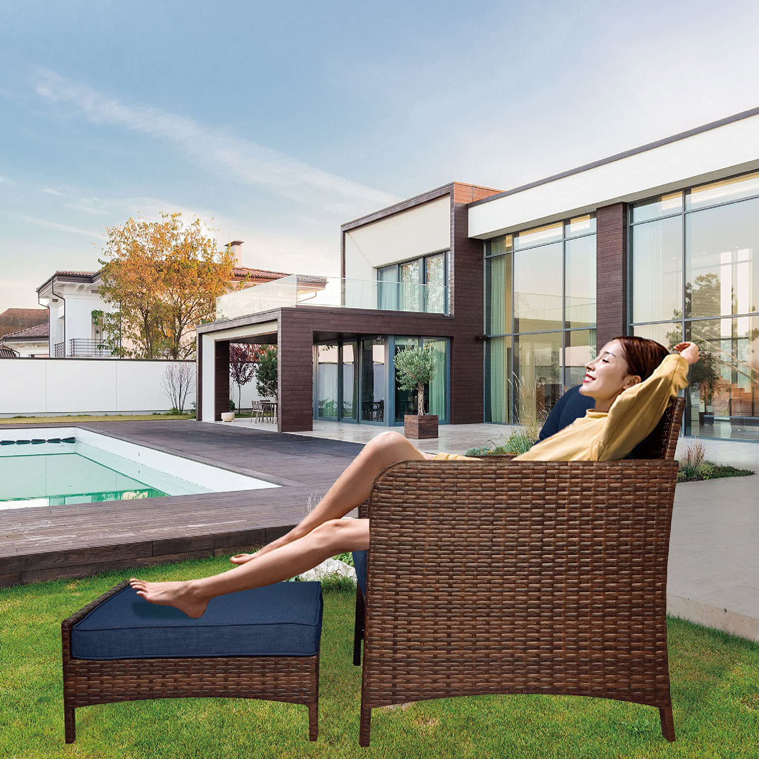 Superjoe 5 Pcs Wicker Patio Furniture Set All Weather Patio Conversation Set with Chairs and Coffee Table, Caret and Blue