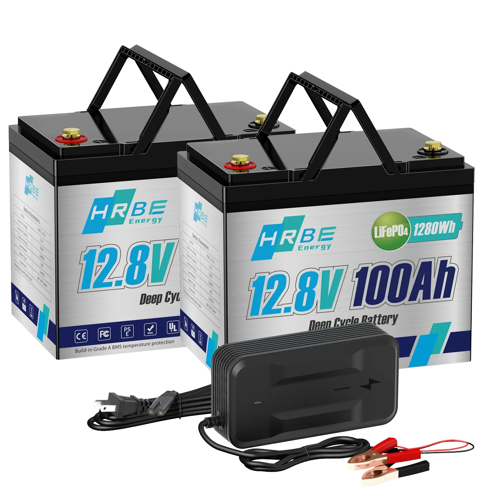 2 Pack LiFePO4 Battery 12V 100Ah with Charger, 8000+ Deep Cycle 100A BMS HRBEENERGY Lithium RV Batteries for Solar Backup Power, Golf Cart Camper Trolling Motor