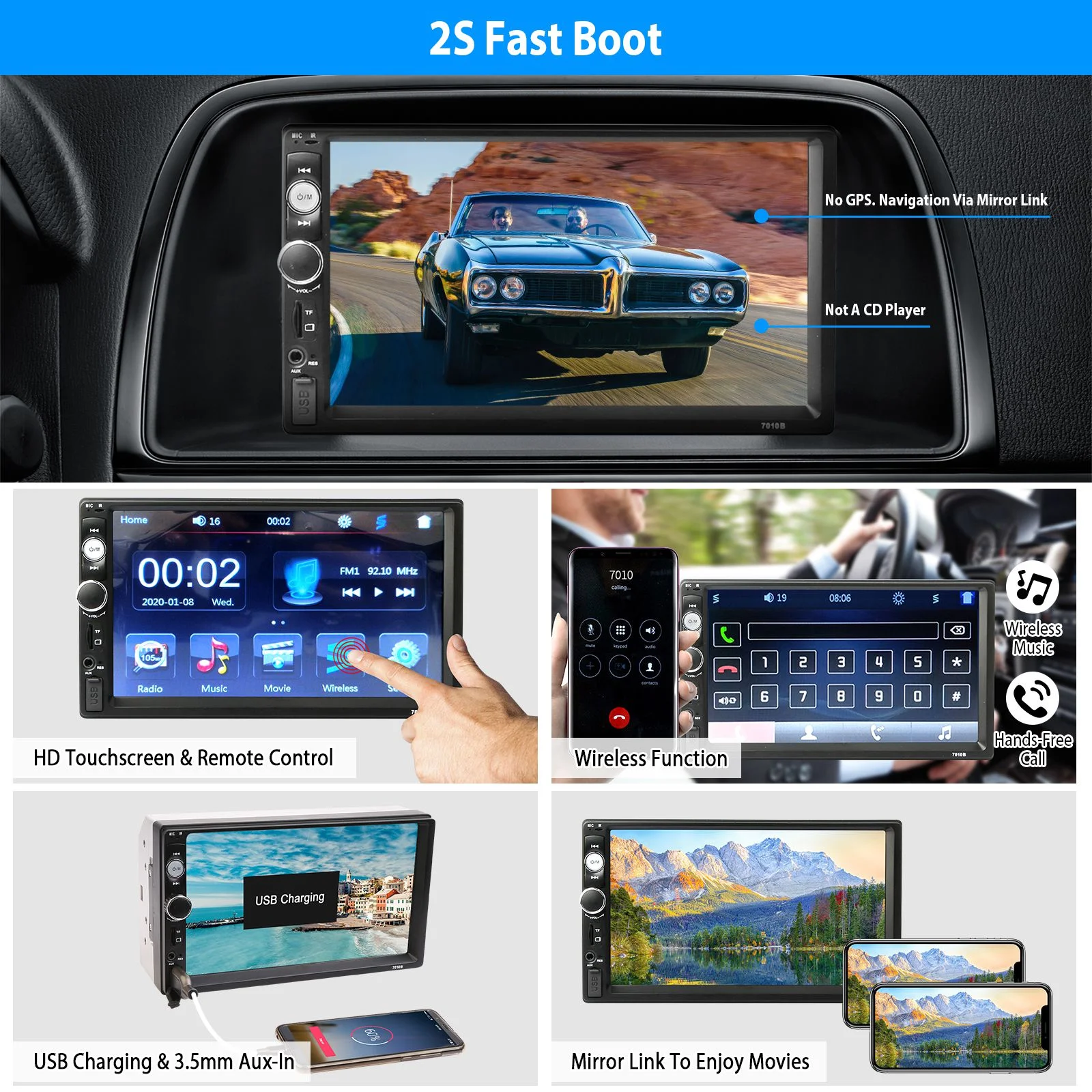 iMounTEK 7in Car Stereo, Double Din Radio Touchscreen with Backup Camera Multimedia Car Audio Support Carplay/Android Auto/Mirror Link for Truck RV Vehicles, Dash Mount Touchscreen Multimedia Player