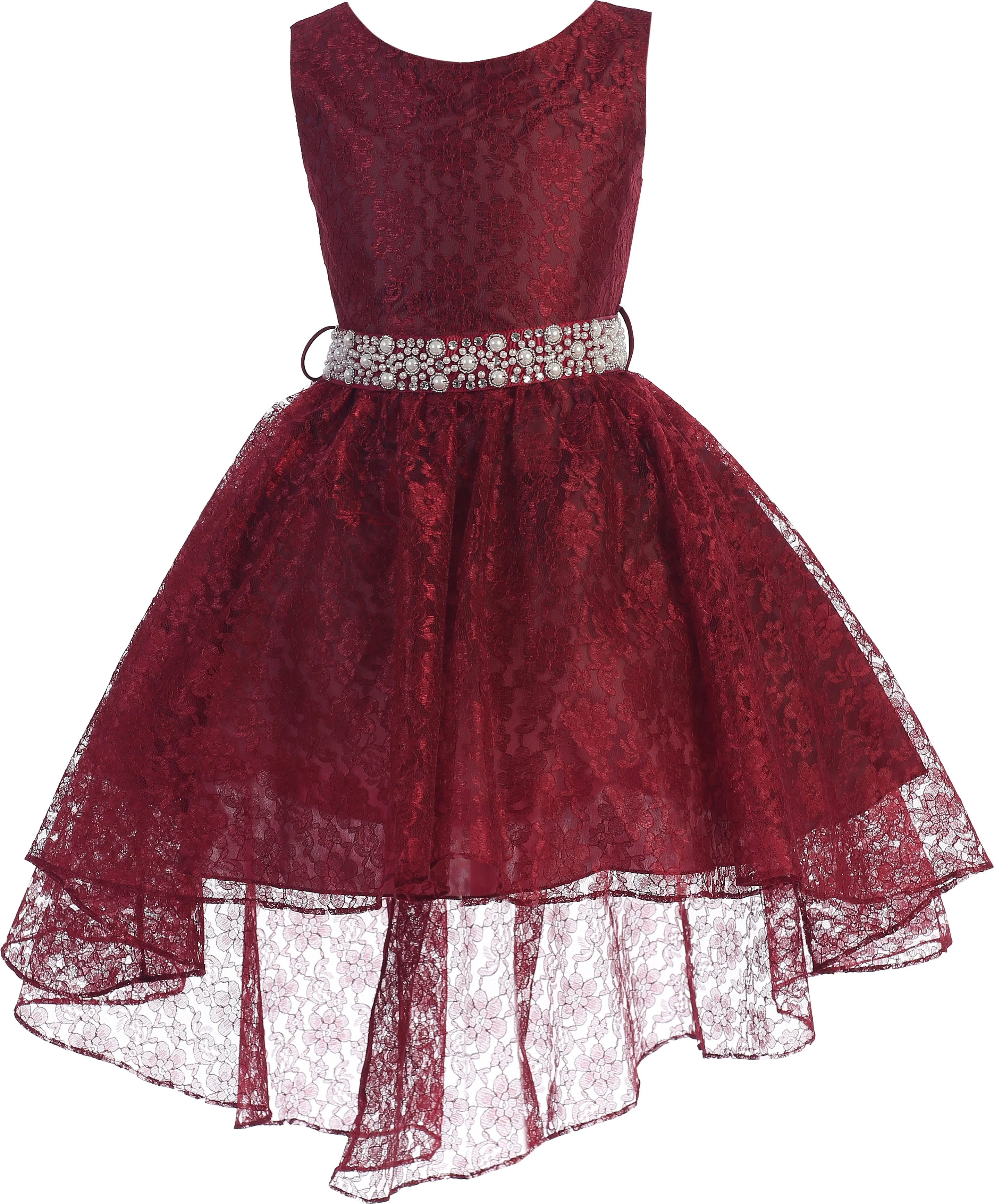 Big Girl High Low Floral Lace Rhinestones Pearl Belt Easter Pageant Flower Girl Dress Burgundy 10 JK3744 BNY Corner