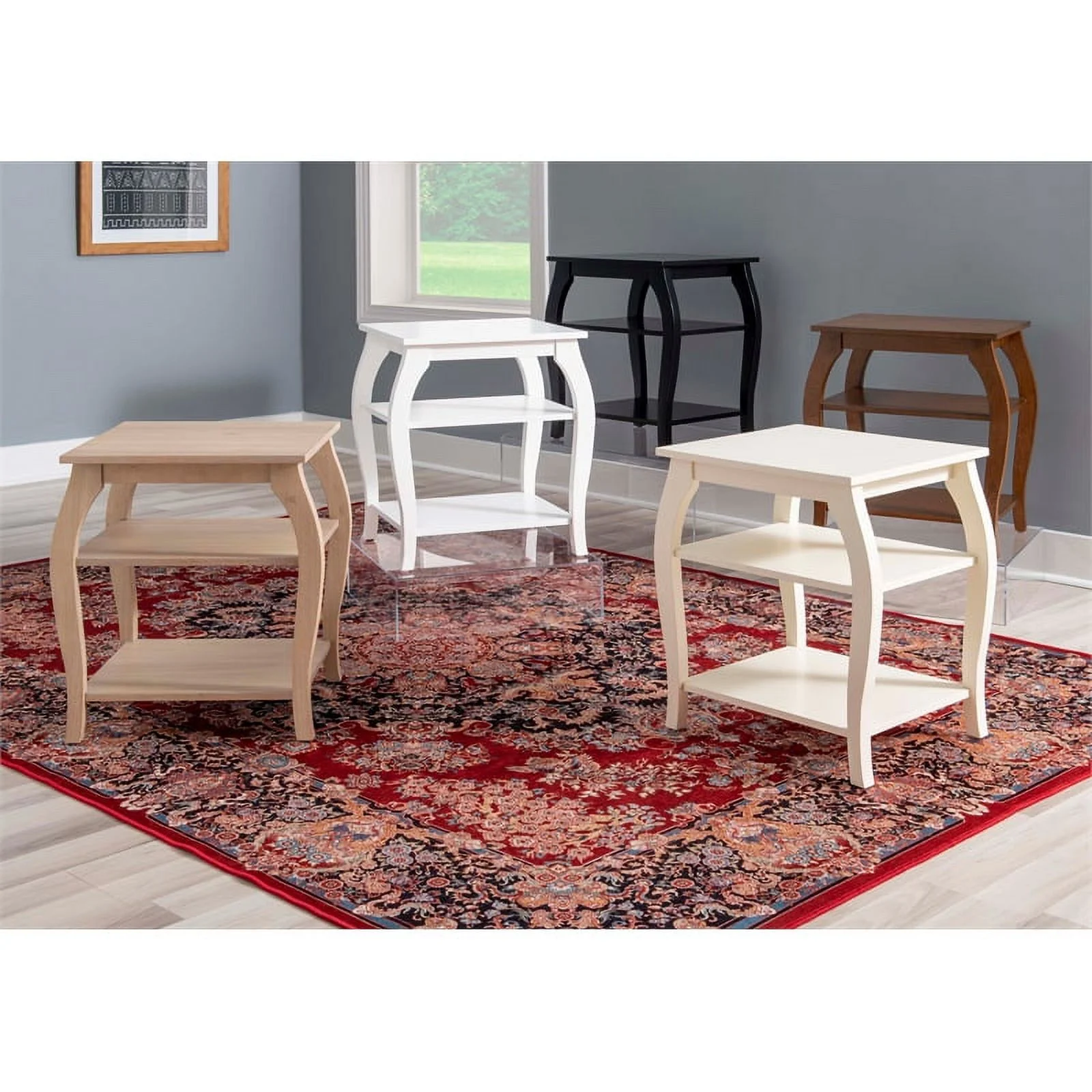Linon Regan Wood Side Table Curved Legs 2 Spacious Shelves in White Finish