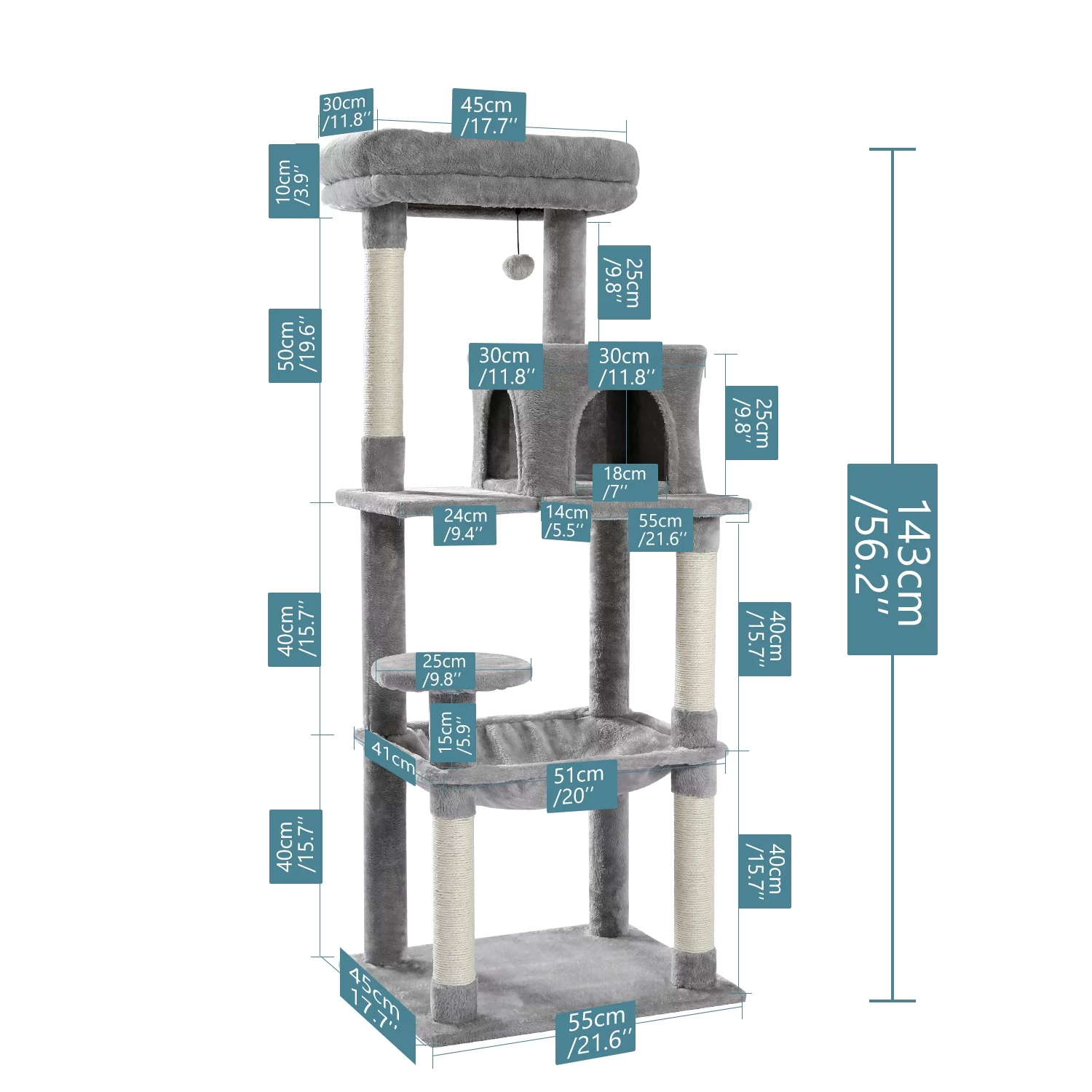 ZephyPaws Cat Tree 56.2” Cat Tower with Sisal Scratching Post ,Cozy Condo, Top Perch, Hammock and Dangling Ball Grey