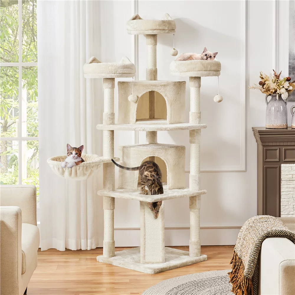 Easyfashion 68.5in Multi-Level Cat Tree Caves Condos, Beige