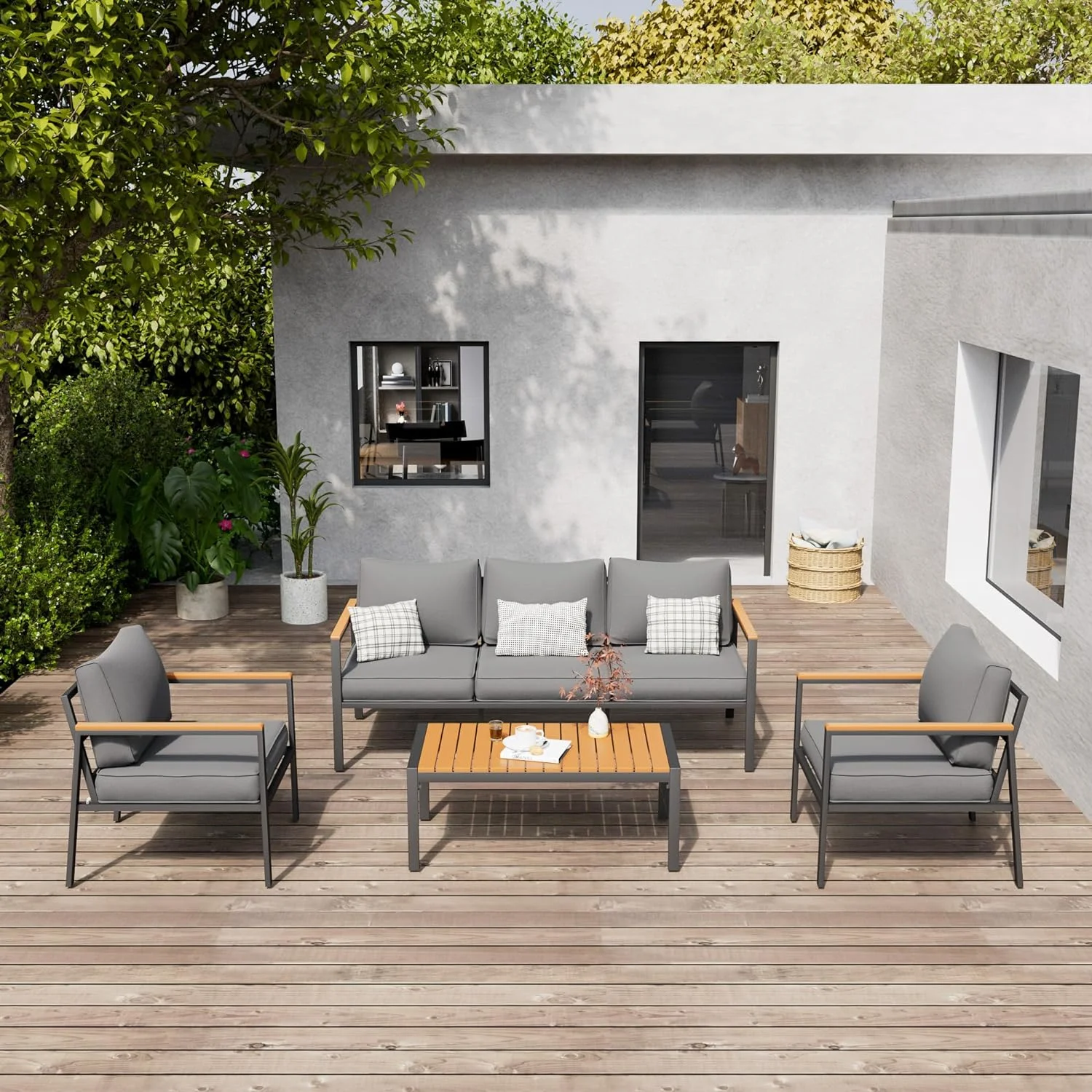 Aluminum Patio Furniture Set 4 Pieces Patio Conversation Set Outdoor Sectional Sofa with Thicken Cushion and Plastic-Wood Coffee Table, Patio Sets Fits Garden Backyard Balcony (Grey)