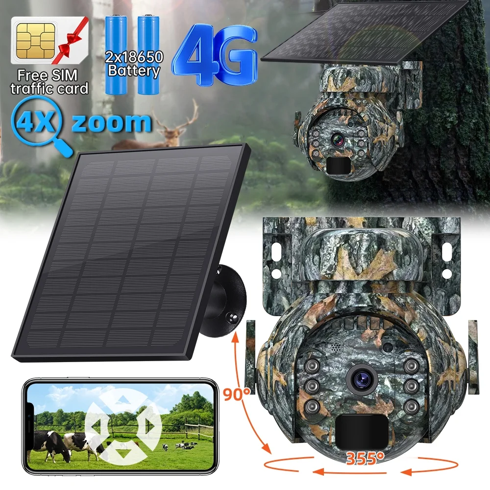 Outdoor Solar Powered Cellular Security Camera Wireless,DFITO Pan Tilt 350°View Spotlight,1080p Night Vision,2 Way Talk,PIR Motion Sensor,No WiFi,US Version,Camouflage