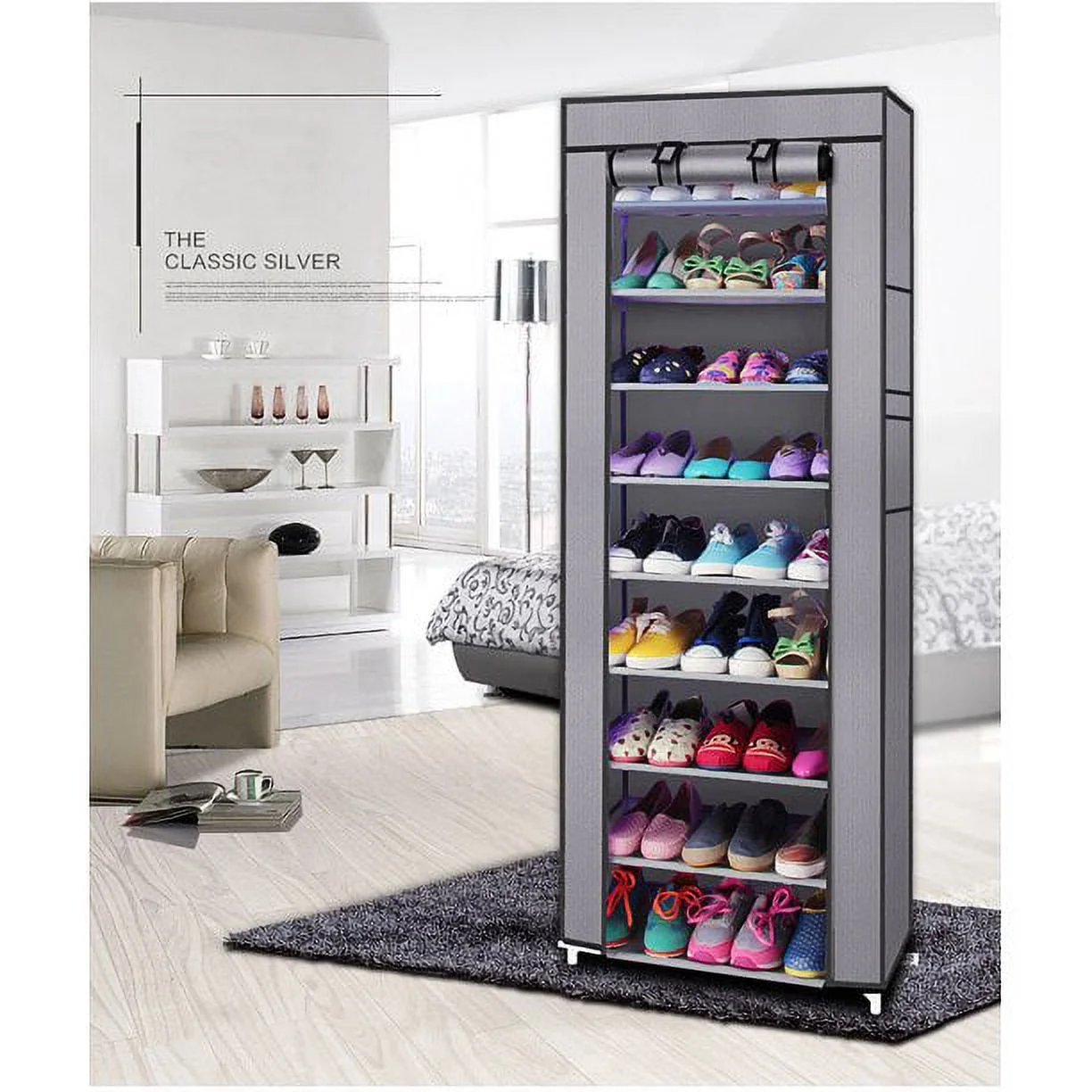 Mother's Day Sales - 9-Tier Shoe Rack with Non-Woven Fabric Cover, Closet Storage Organizer Shoe Shelves 22.83 x 11.4 x 63 Inch for Entryway, Living Room, Bedroom, Rose Red（Gray）