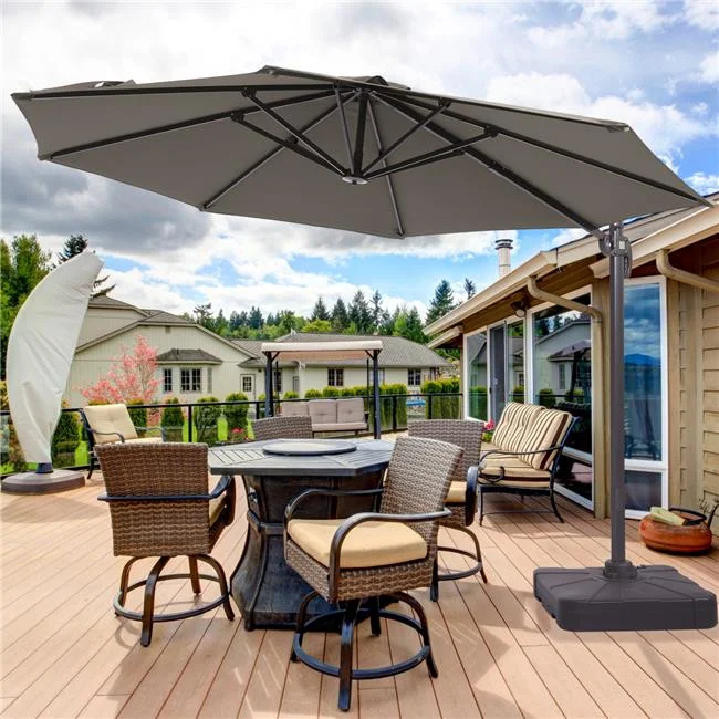 SANLUCE  11 ft. Round Aluminum 360-Degree Rotation Cantilever Offset Outdoor Patio Umbrella with a Base in Gray