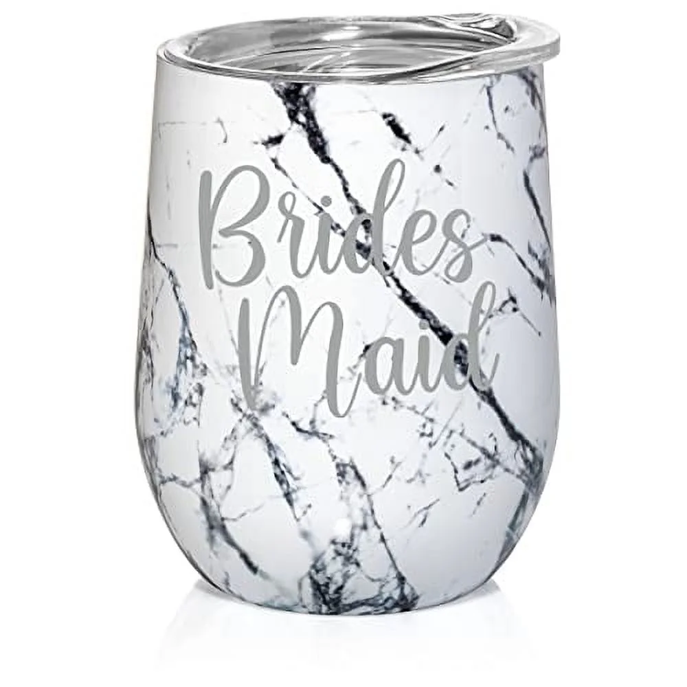 12 oz Double Wall Vacuum Insulated Stainless Steel Stemless Wine Tumbler Glass Coffee Travel Mug With Lid Bridesmaid (Black White Marble)