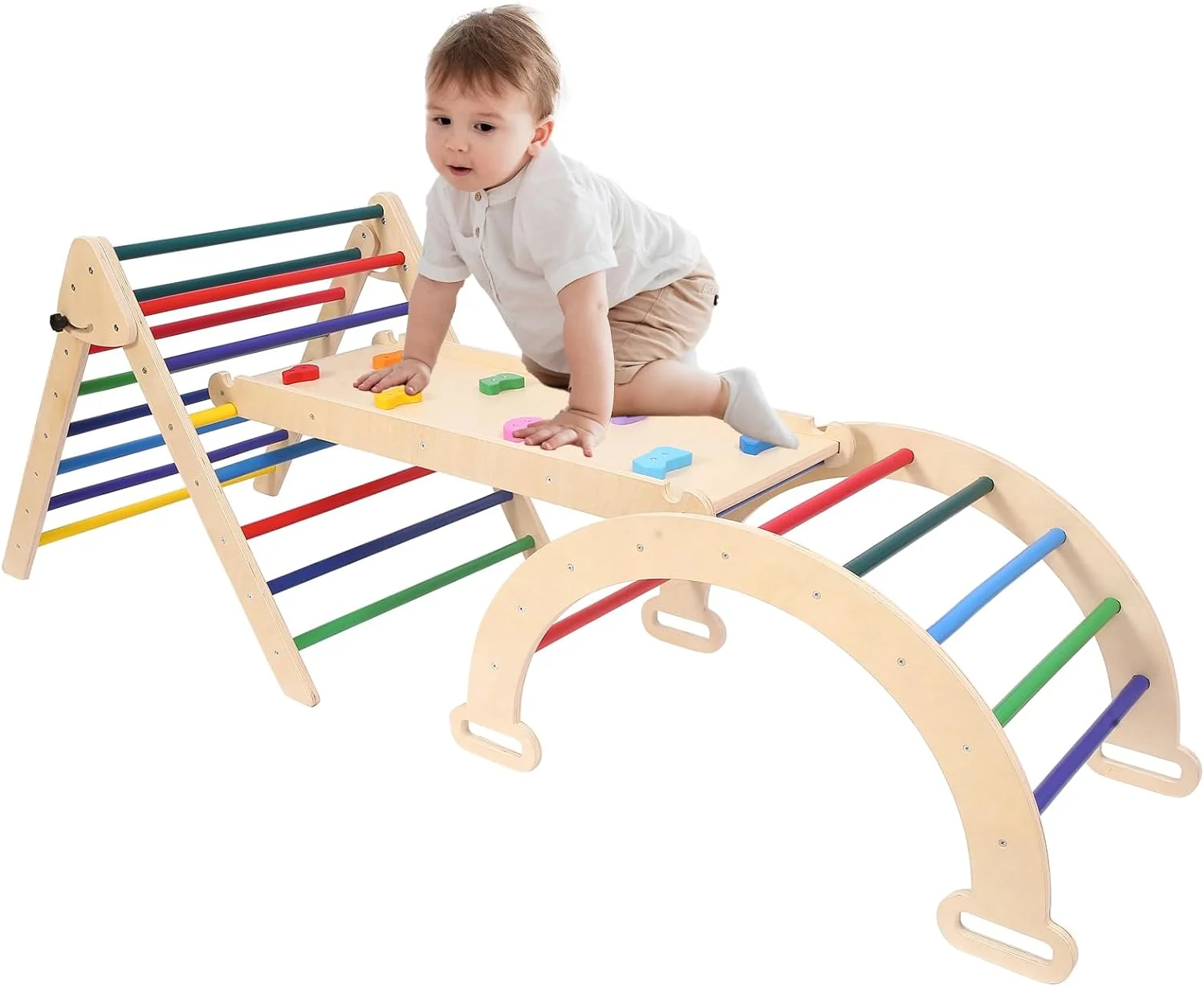 YOUB Pikler Triangle Climber Set with Ramp Montessori Climbing Set Toddler Playset 3 in 1 Foldable Indoor Wooden Climbing Toys for Toddlers Play Gym 3Pcs Rainbow