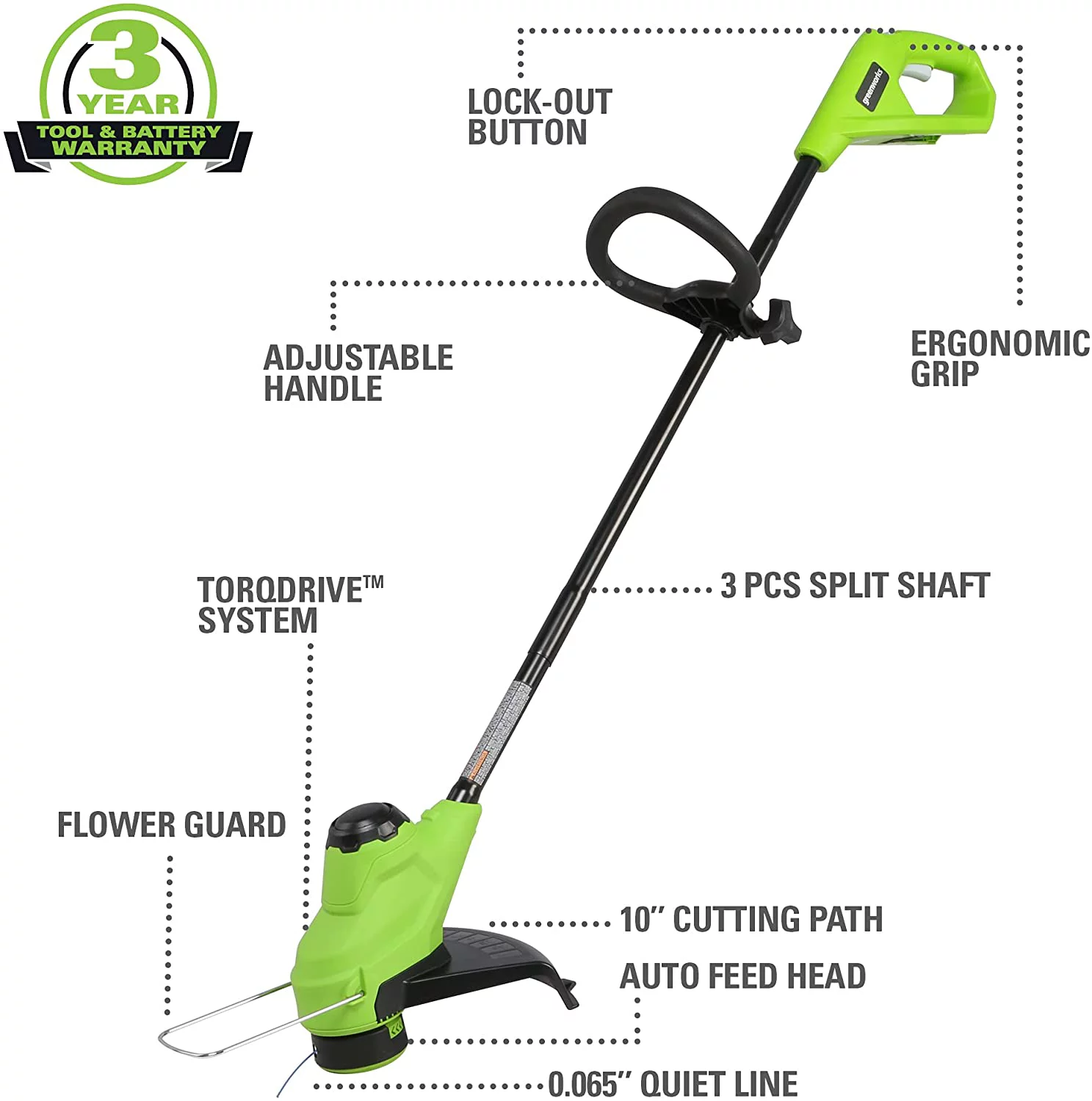 Greenworks 24V 10-inch Cordless String Trimmer with TORQDRIVE™, 2Ah USB Battery and Charger included, 2117802AZ