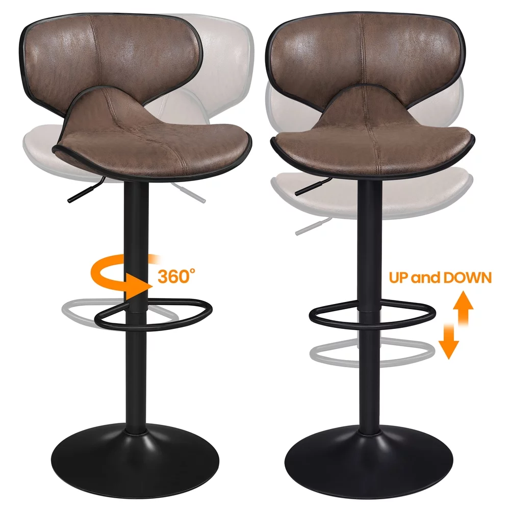 Alden Design Adjustable Vintage Bar Stool with Low Back, Set of 2, Brown