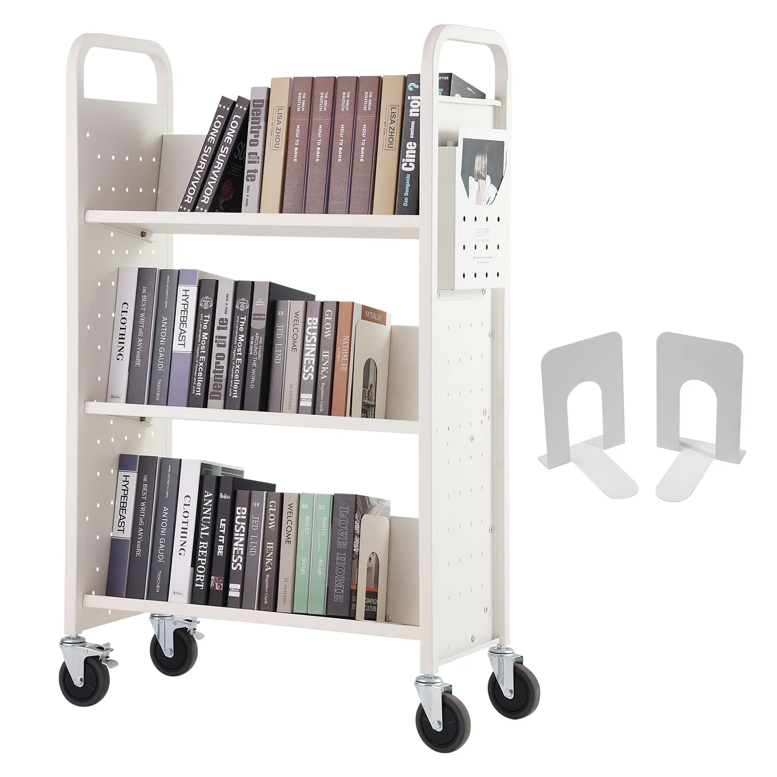 SKYSHALO Book Cart Library Cart 330 lbs Capacity with V-Shaped Shelves in White
