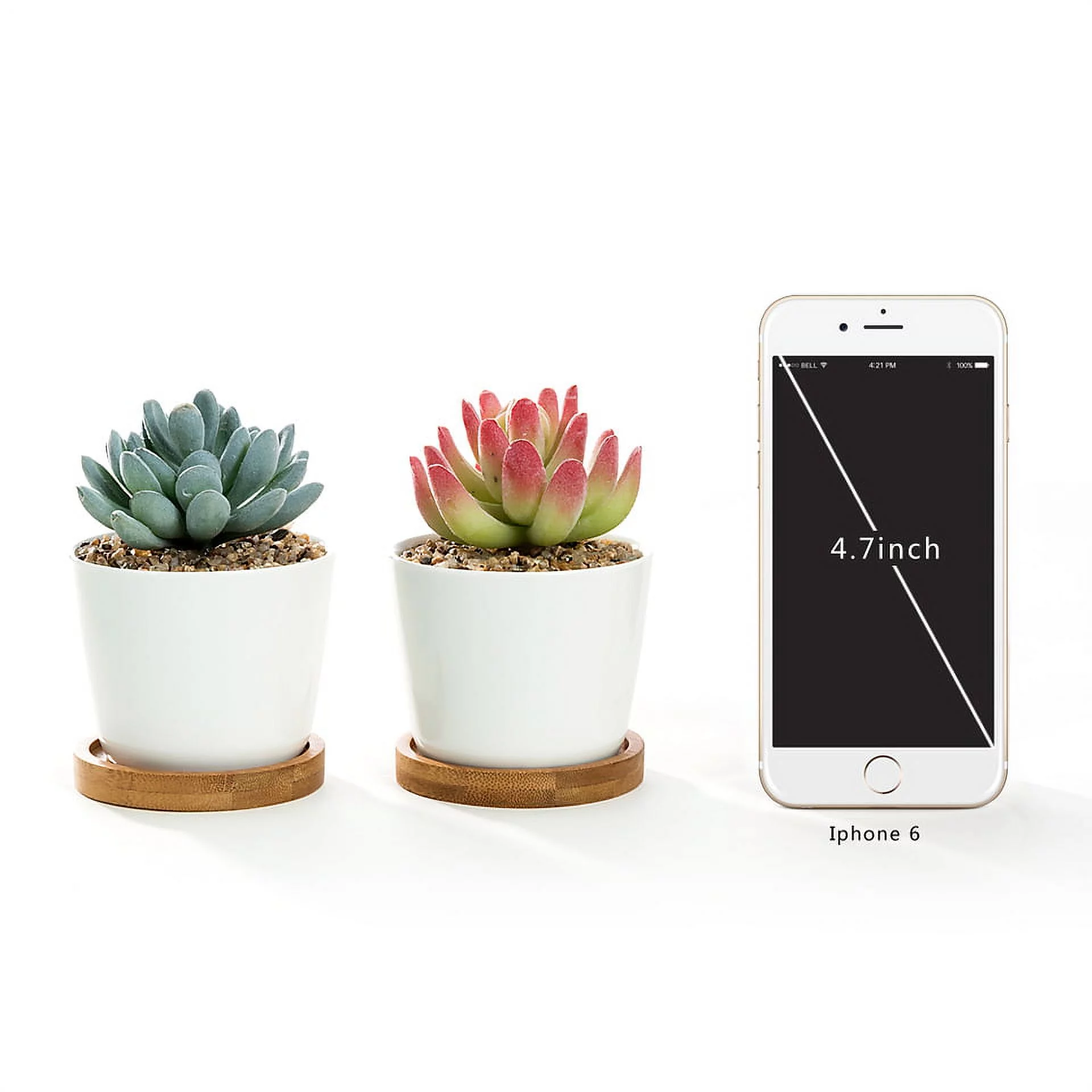 K-Cliffs White Modern Oval Ceramic Succulent  Pots with Bamboo Tray, Set of 2, 3.5Dia x 3H inches, Pot- 3.5Dia x 2.6H inches, Saucer- 3.5Dia x 0.5H inches