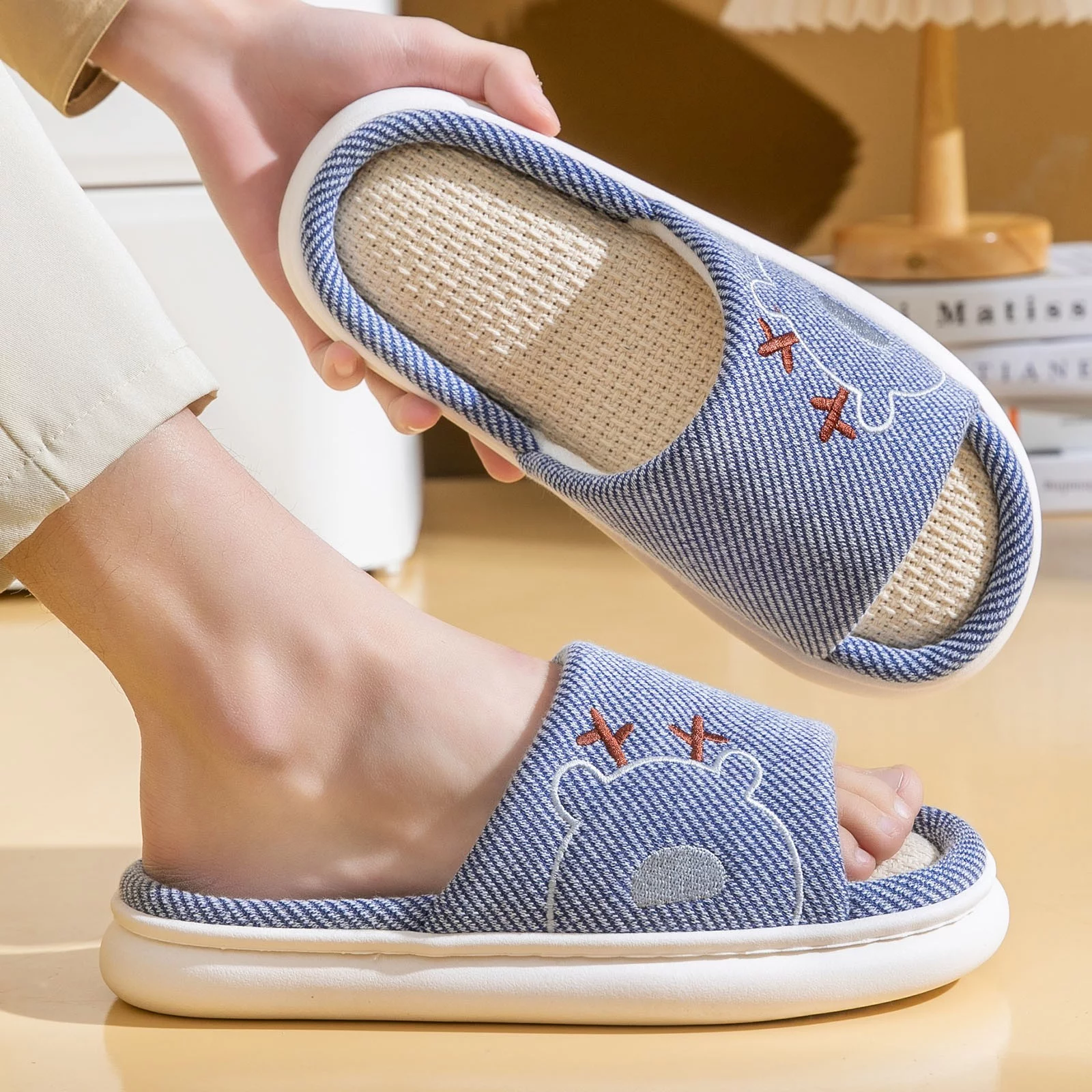 Mens Slippers Wide Width Family Couple Little Deer Linen Slippers Thick Sole Home Parent Child Cotton Linen Slippers