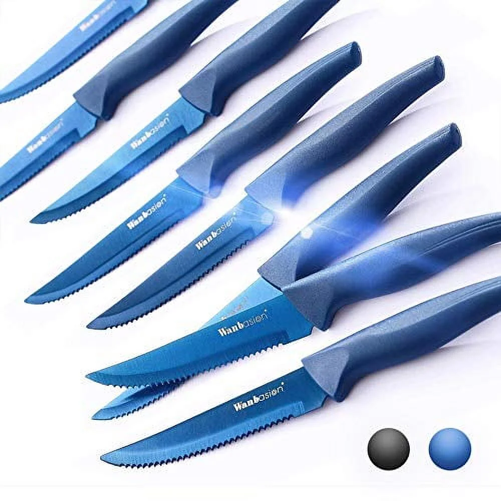Wanbasion Blue 8-Piece Steak Knife Set Dishwasher Safe, Steak Knife Set Stainless Steel, Kitchen Steak Knife Set Sharp - Scratch Resistant