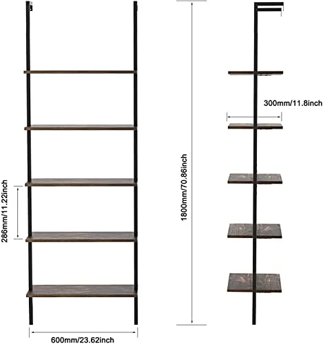Black Ladder Shelf Wall Mount, 5 Tier Ladder Bookshelf with Wood Shelf and Metal Frame, Industrial Tall Ladder Shelves for Living Room, Bedroom, Office (12