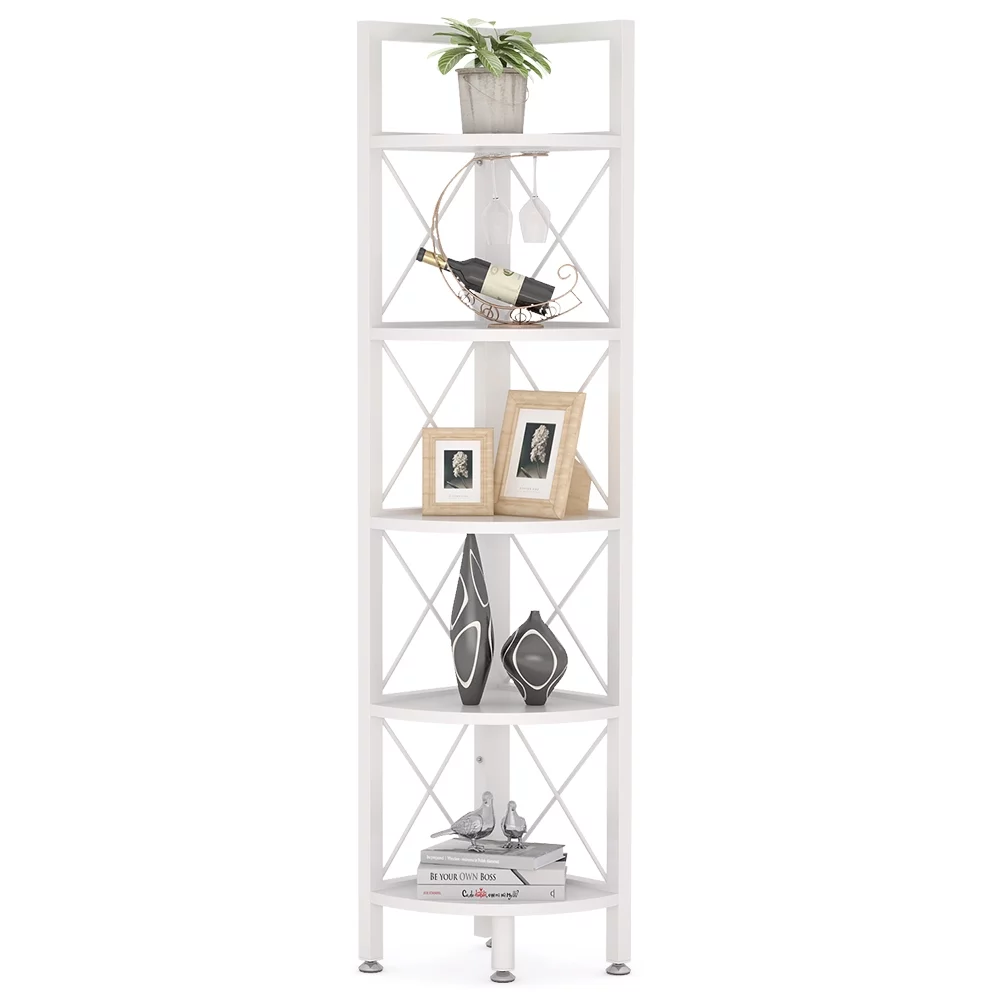 TribeSigns 5 Tier Rustic Corner Bookshelf Small Bookcase Storage Rack Plant Stand for Living Room, Home Office, Kitchen, Small Space