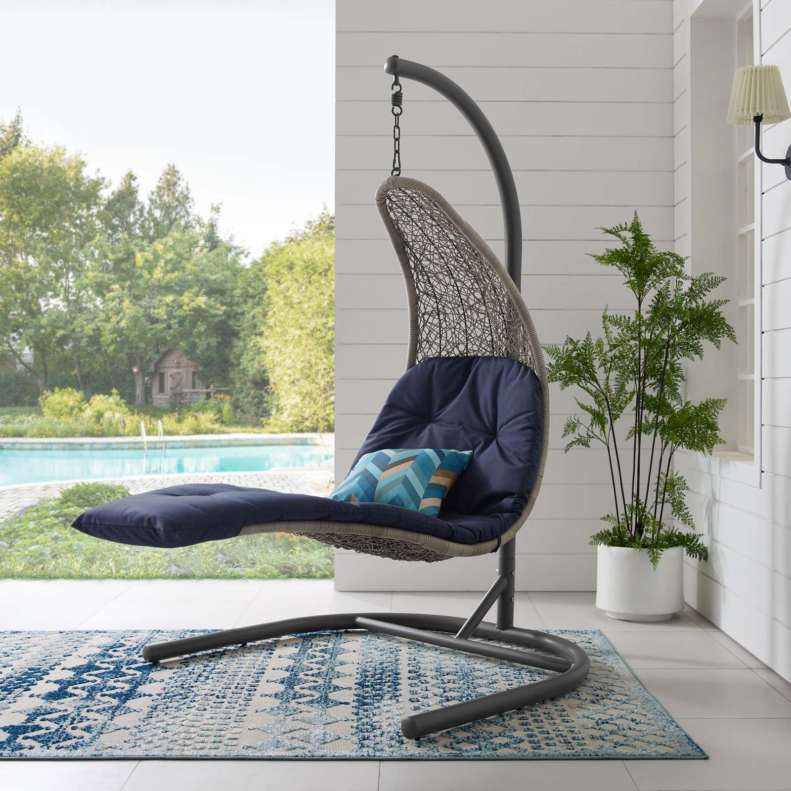 Modern Contemporary Urban Design Outdoor Patio Balcony Garden Furniture Swing Lounge Chair, Rattan Wicker, Navy Blue Light Gray