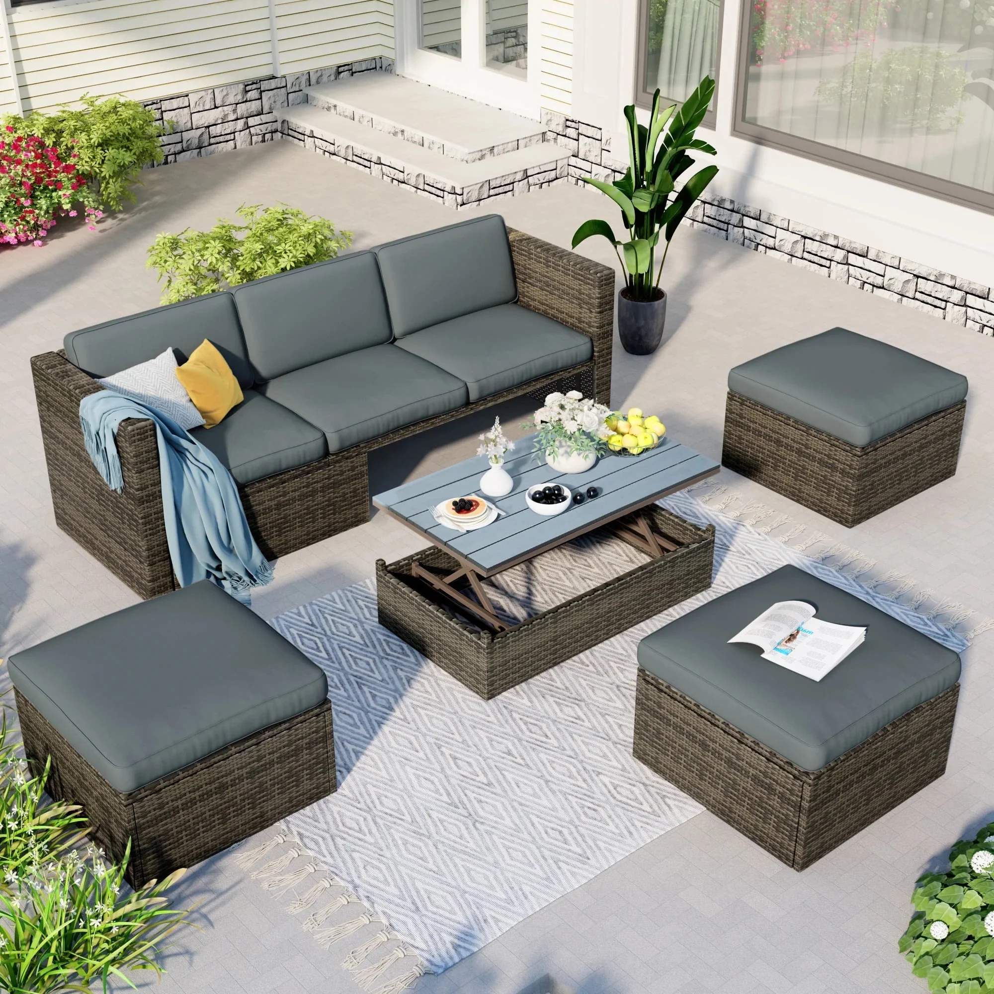 Patio Furniture Sets, 5-Piece Patio Wicker Sofa with Adustable Backrest, Cushions, Ottomans and Lift Top Coffee Table, Gray