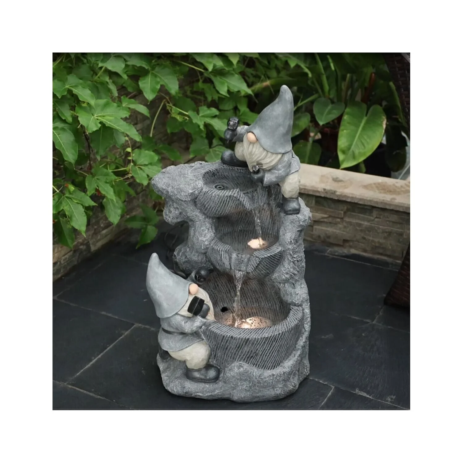 HomeStock Modern Minimalism Gray Resin Gnomes Rock Bowl Outdoor Fountain With Led Lights