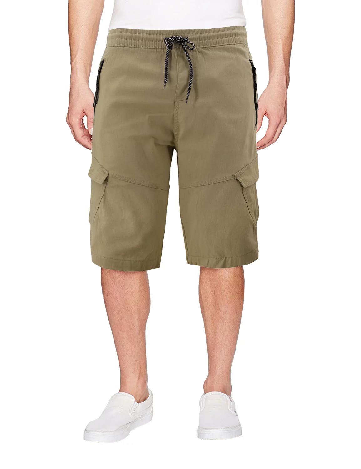 Men's Stretch Cotton Elastic Drawstring Waist Multi Pocket Casual Cargo Shorts (Khaki, M)