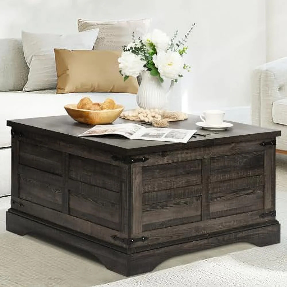 HBROLJF Farmhouse Coffee Table with Hinged Lift Top and Large Hidden  Compartment  Rustic Square Wood Central Table for Living Room  Bedroom  Home Office Walnut