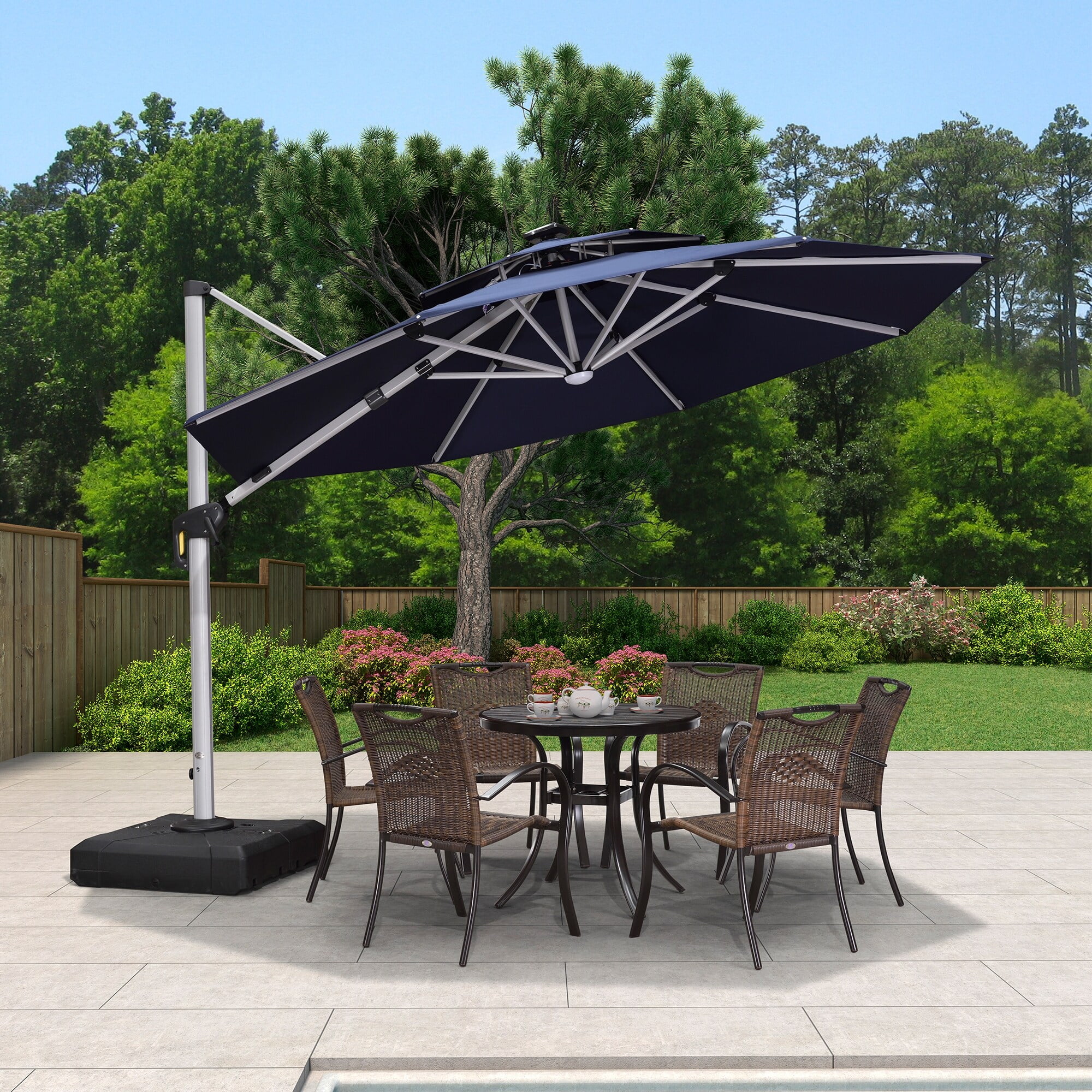 PURPLE LEAF  11 ft Double Top LED Round Patio Cantilever Umbrella Navy Blue