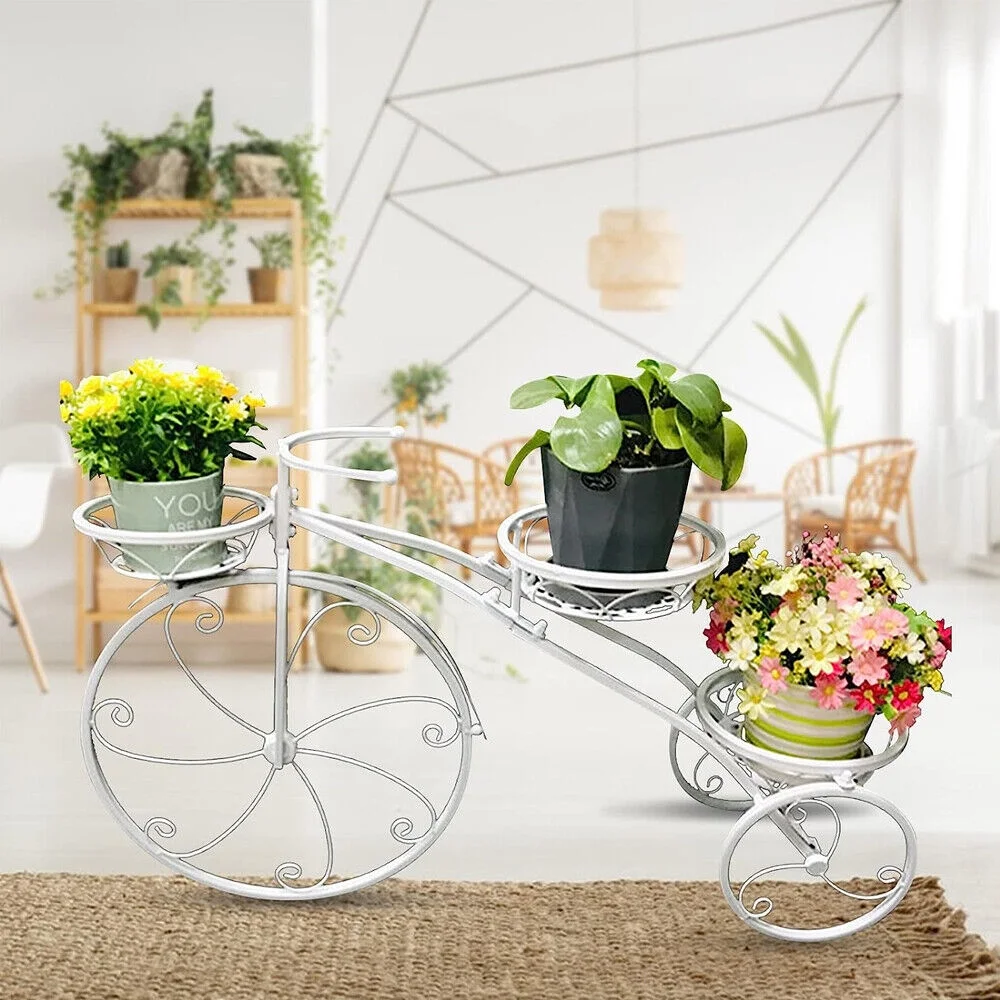 White Tricycle Bicycle Plant Stand Flower Pot Cart Holder Planter Rack Display