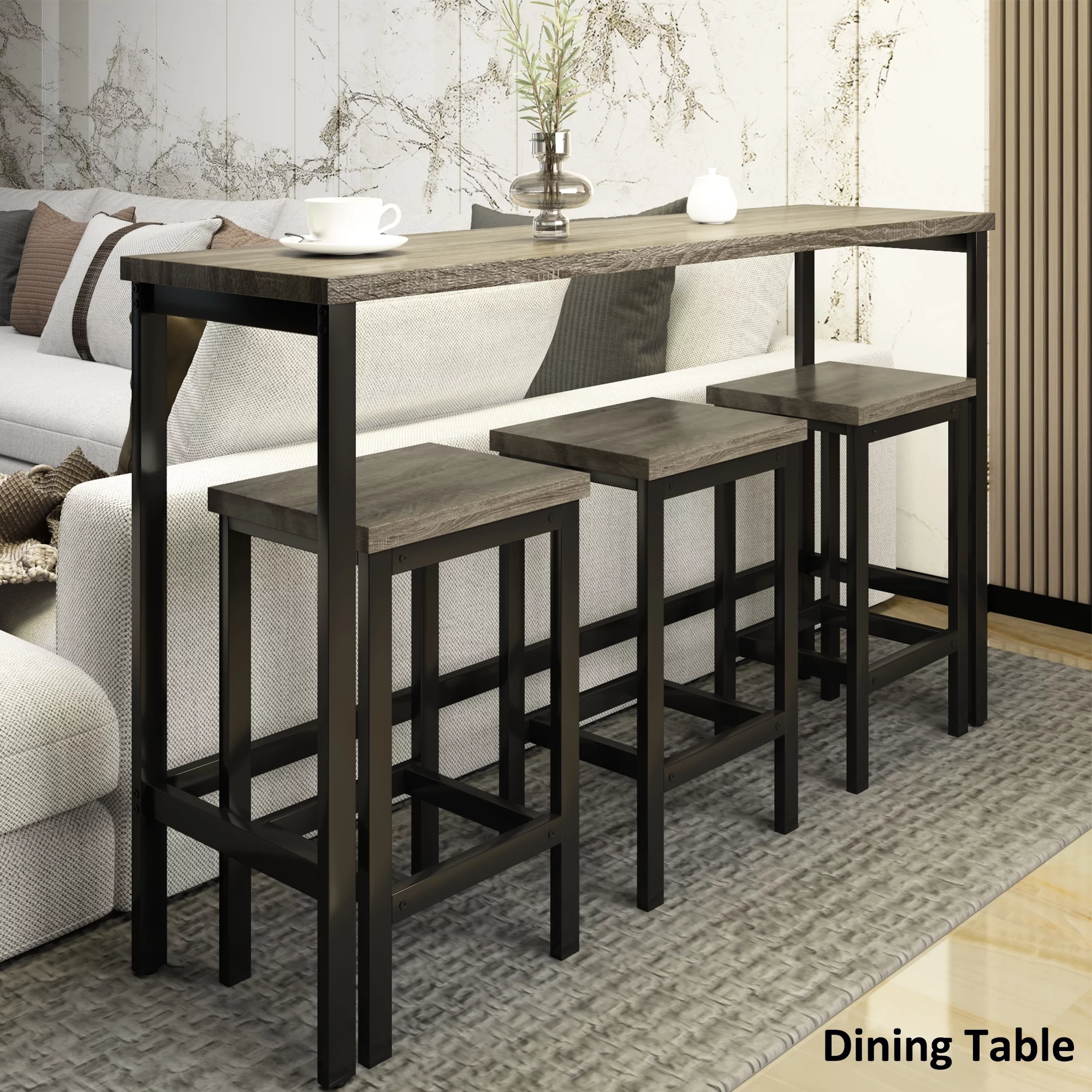 Churanty Counter Height Dining Table Set for 3,Metal Pub Kitchen Set Side Table with Footrest and 3 Stools,Gray