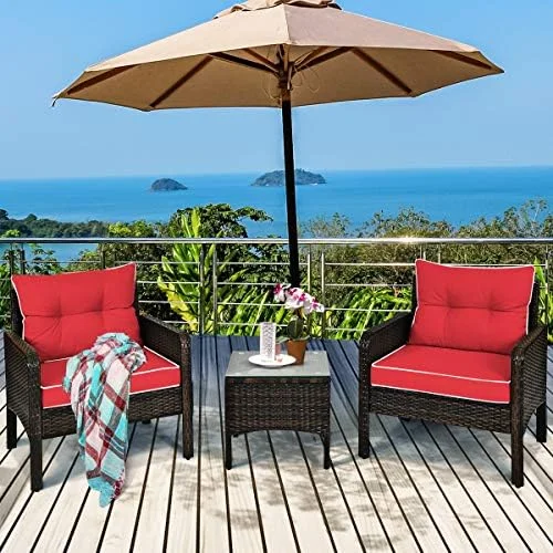 HBBOOMLIFE 3 Pieces Patio  Set Outdoor Rattan Wicker Coffee Table & Chairs Set with Seat Cushions Patio Conversation Set for Garden Balcony Backyard Poolside